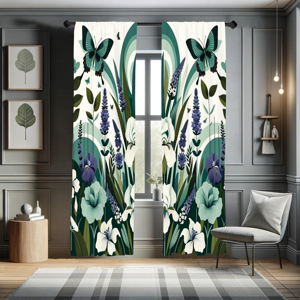 Ambesonne Teal Window Curtains, Curving Leaves and Floral Mirage with Iris Lavender Eucalyptus Butterfly, Lightweight Decorative