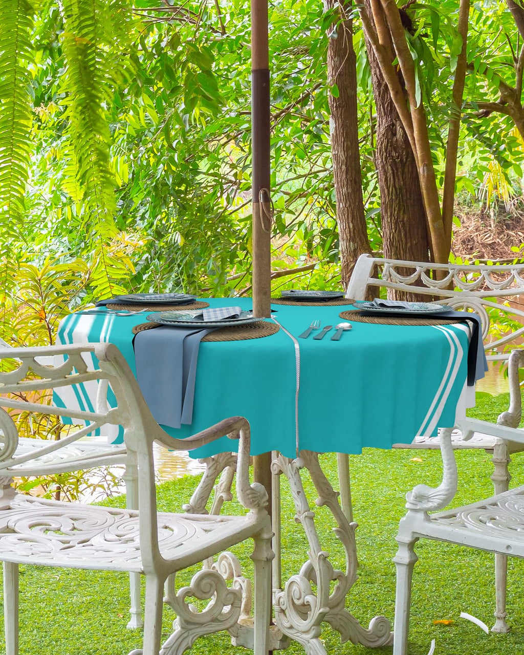 Queenker Outdoor Tablecloth With Umbrella Hole, Farmhouse Aqua White Stripe Round Tables Waterproof Tabletop Collection For Pati