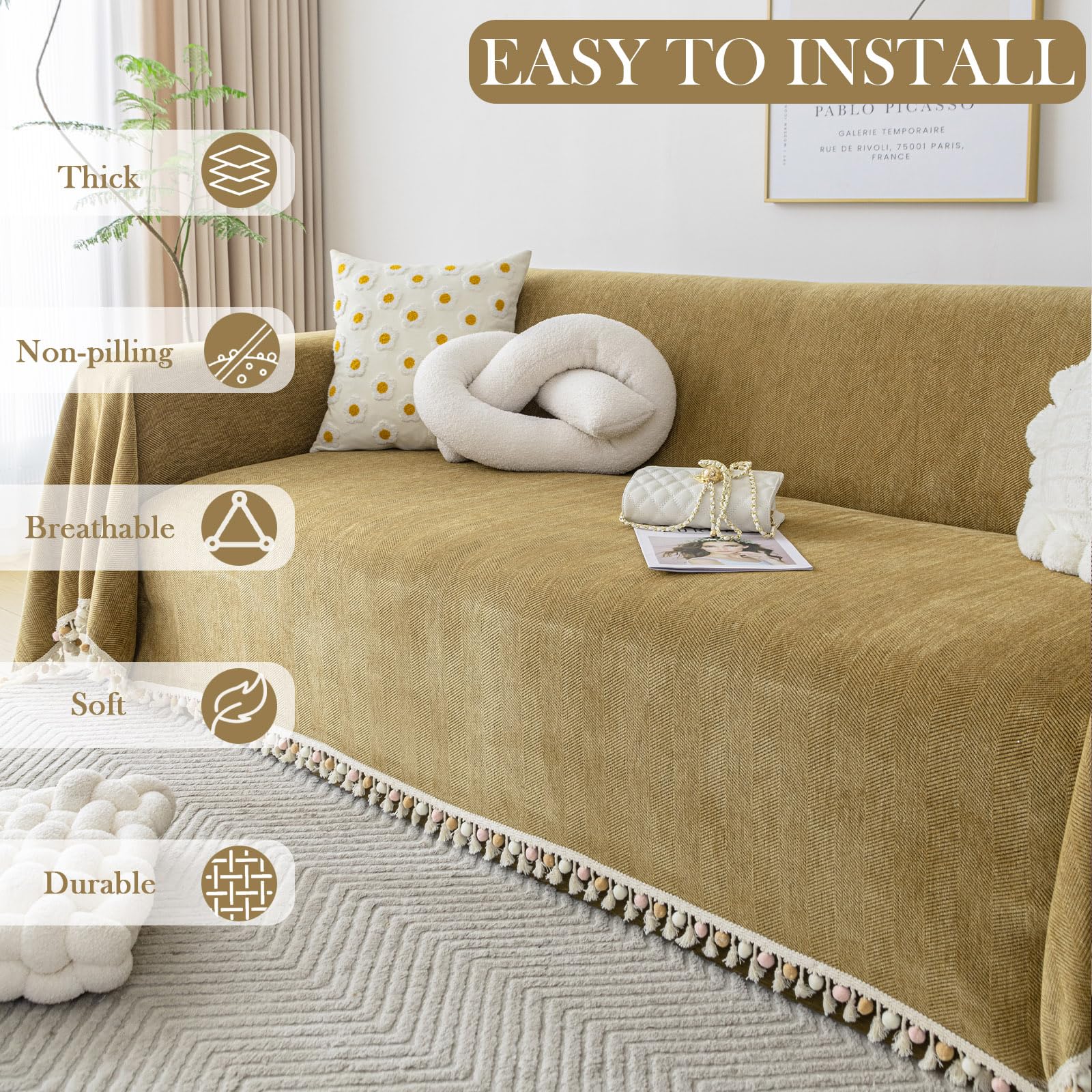 Handontime Boho Mustard Yellow Sofa Cover For Dogs Couch Throw Cover Brown Dog Couch Covers With Tassel Pet Couch Protector Chenille Sofa Slip Cover Armless Sofa Cover, 71' X134'