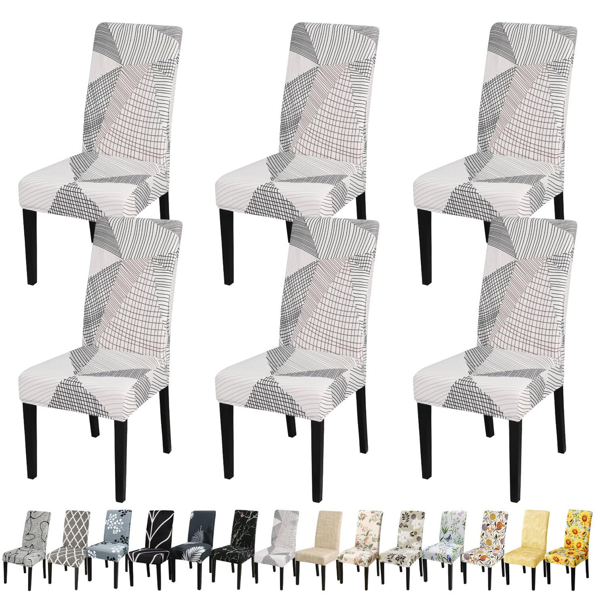 Jqinhome White Chair Covers For Dining Room Set Of 6, High Stretch Removable Washable Parsons Chair Slipcover For Home Party Hotel Wedding Ceremony (6Pcs, Geometric)