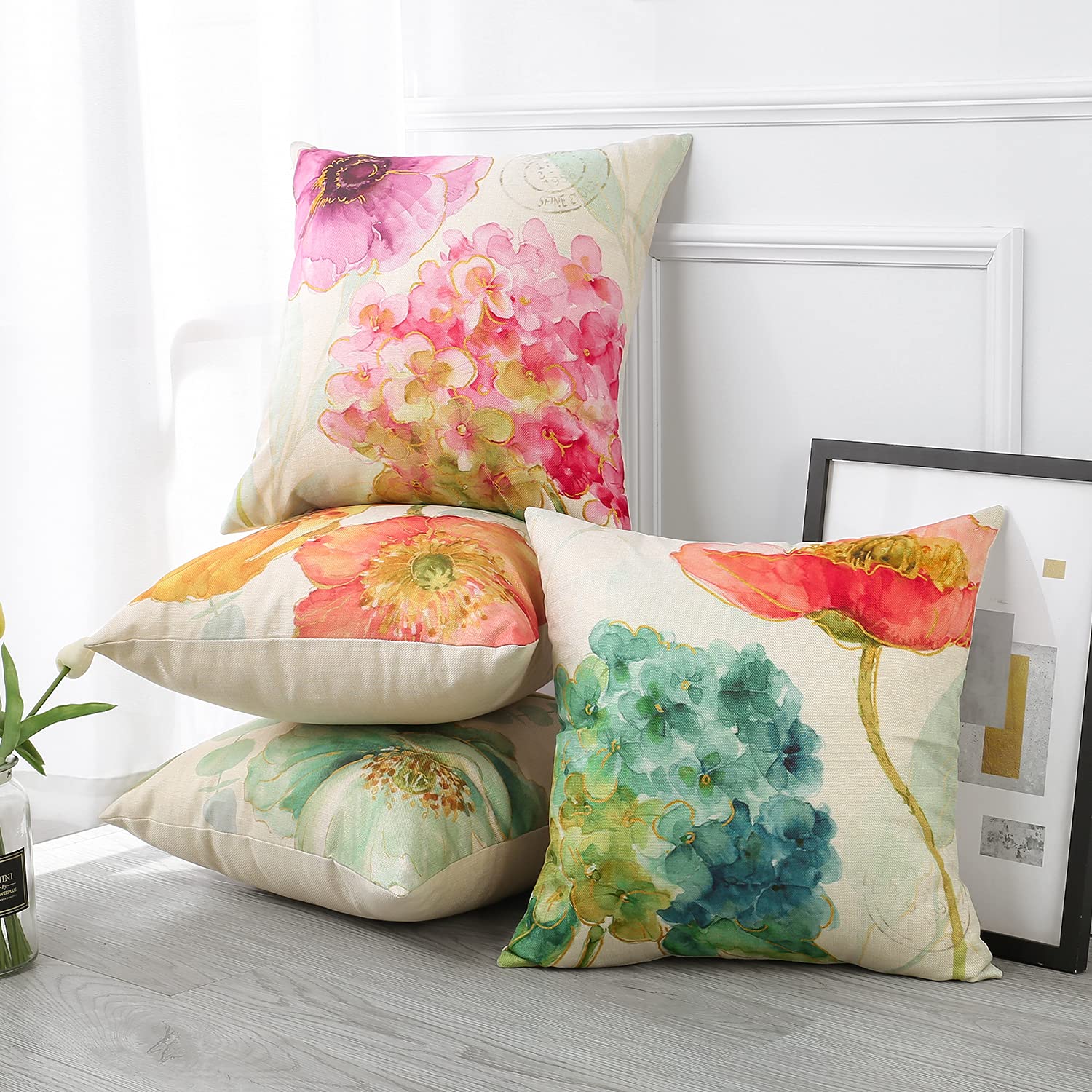Artscope Set Of 4 Waterproof Throw Pillow Covers 16X16 Inches, Hydrangea And Lotus Pattern Decorative Cushion Covers, Perfect To Outdoor Patio Garden Living Room Sofa Farmhouse Decor