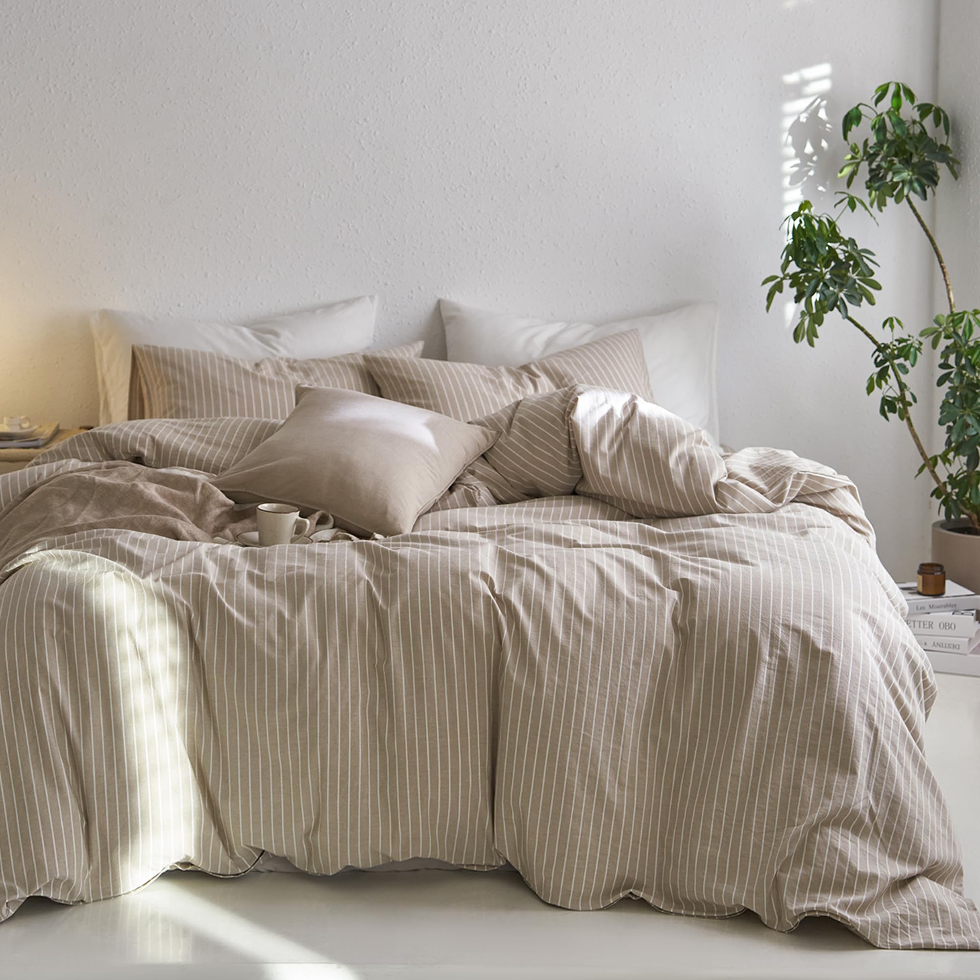 Moomee Bedding Duvet Cover Set 100% Washed Cotton Linen Like Textured Breathable Durable Soft Comfy (Tannish Linen Grey Stripe,