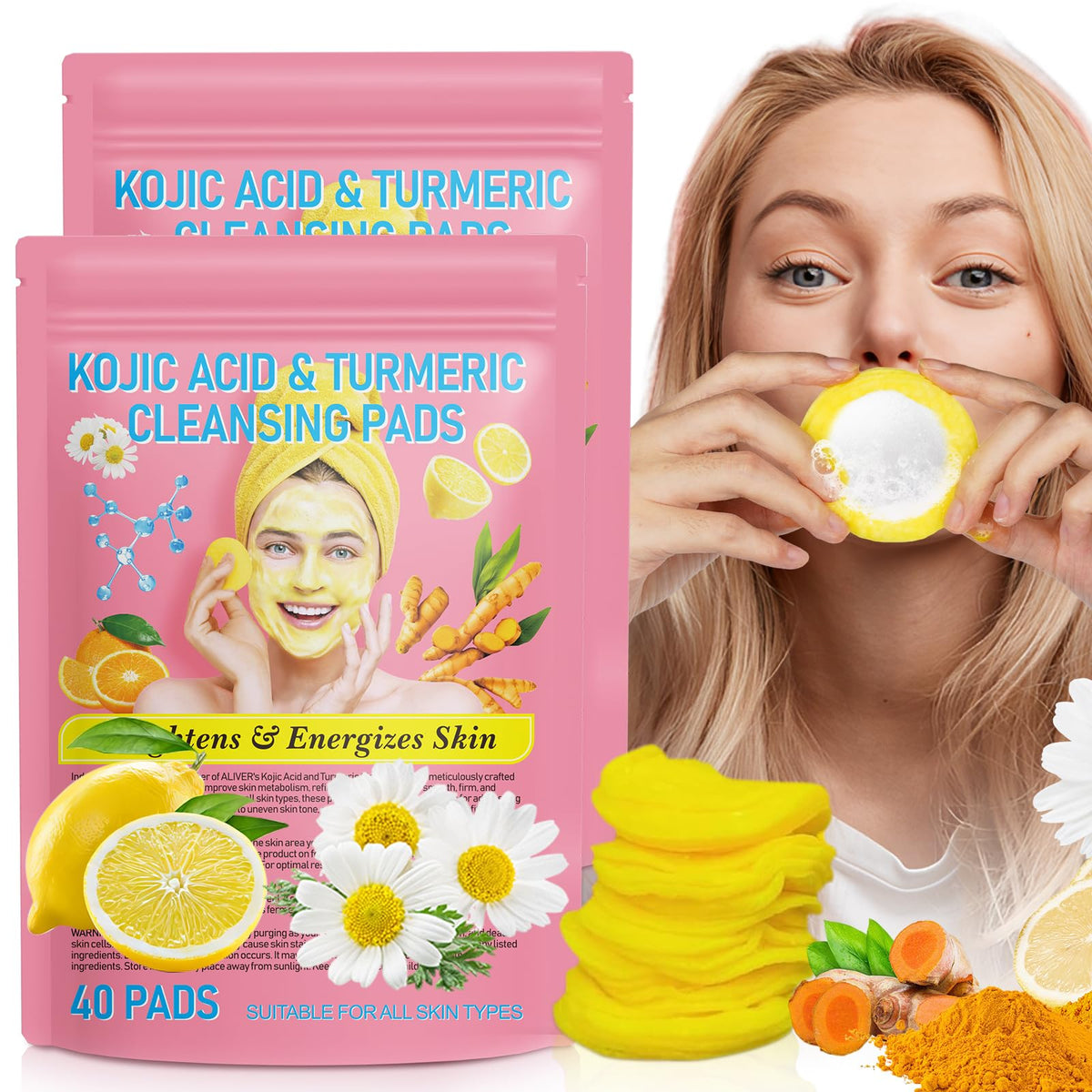Kojic Acid and Turmeric Cleansing Pads -2Pack, Turmeric Kojic Acid Pads for Face Scrub, Deep Cleansing Dark Spots with Lemon Ext