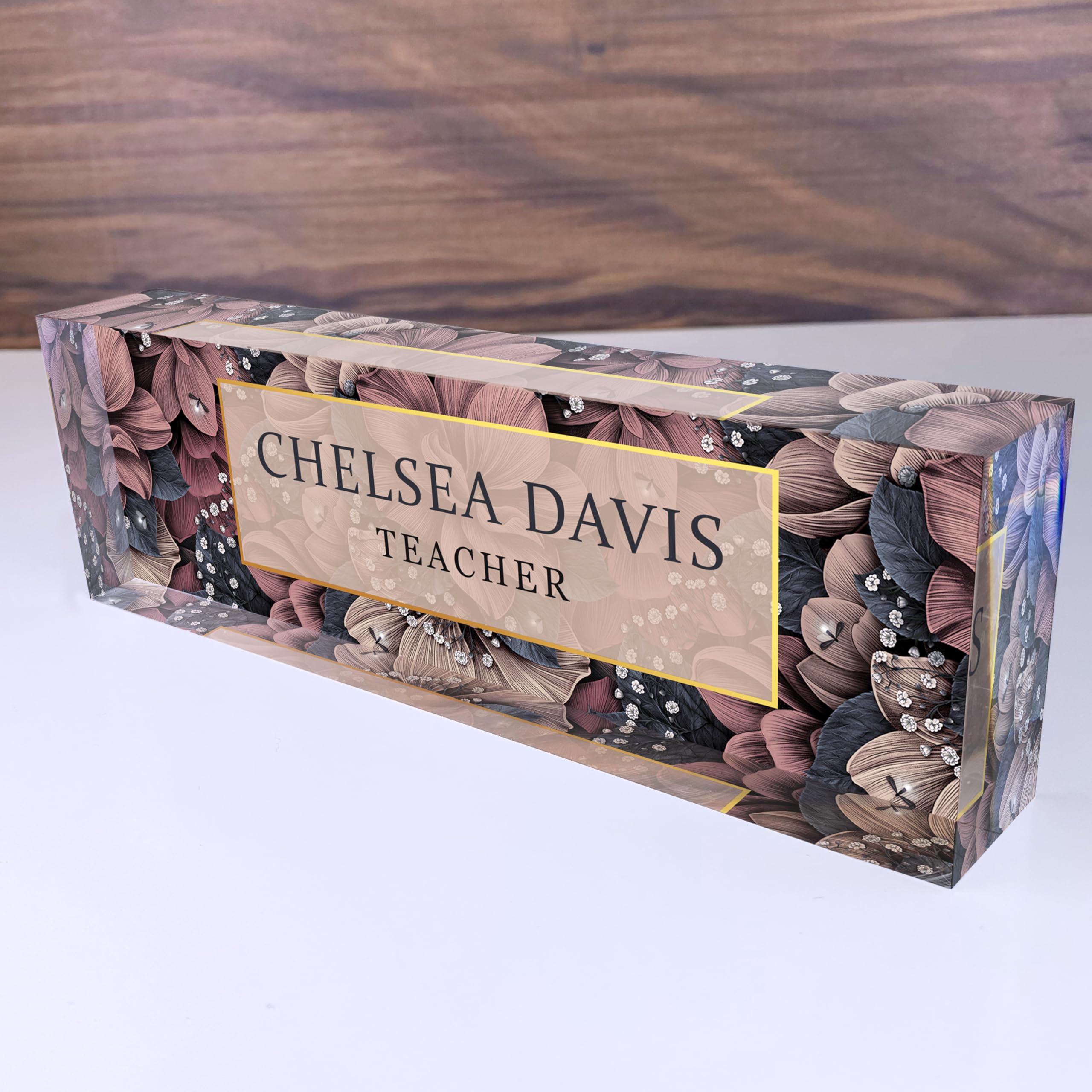 Floral Acrylic Name Block For Desk, Womens Personalized Desk Name Plate, Nameplate For Colleague, Office Desk Sign, Flower Desk