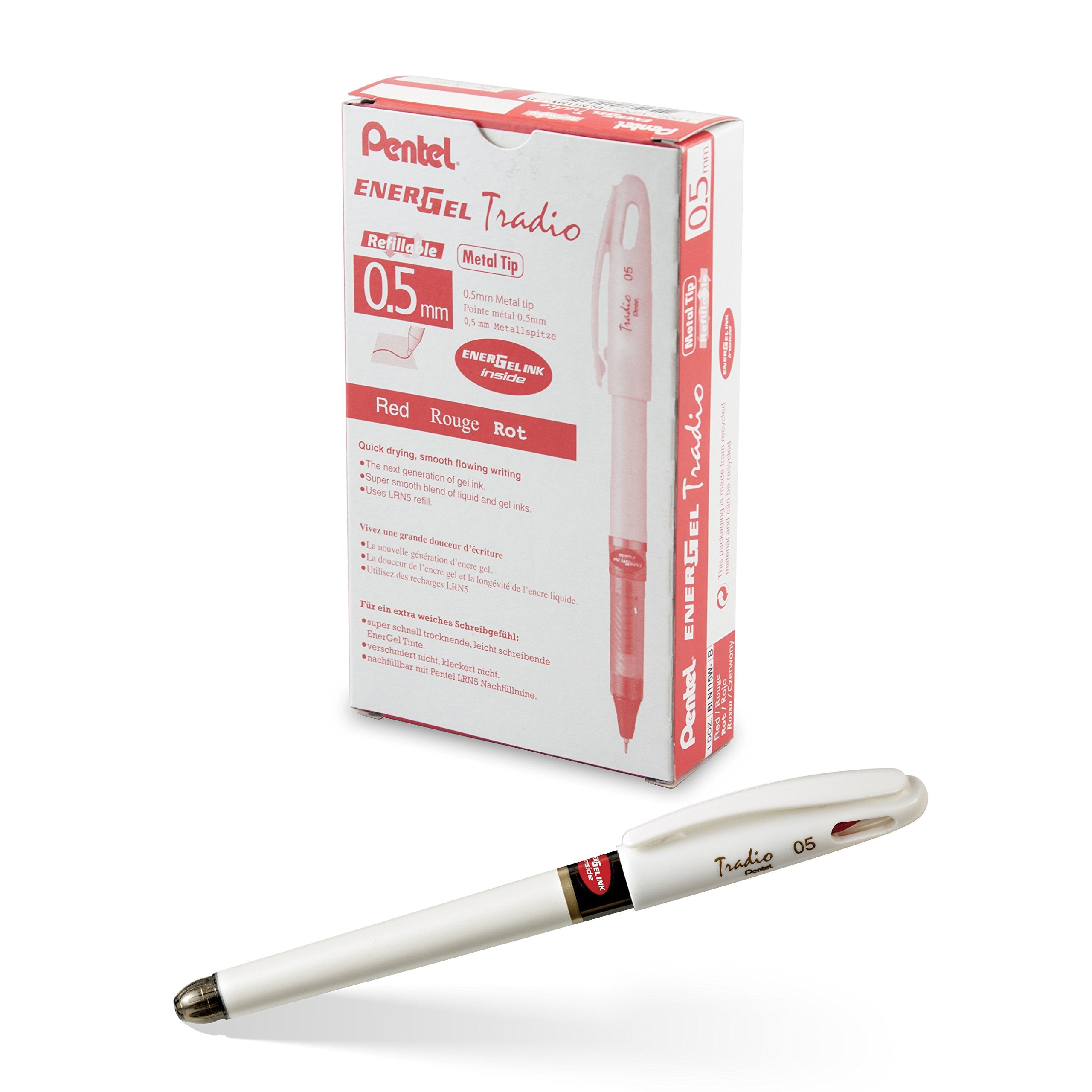 Pentel Energel Tradio Pearl Gel Ink Pen, (0.5Mm), Fine Point Capped, Needle Tip, Red Ink, Box Of 12 (Bln115W-B)