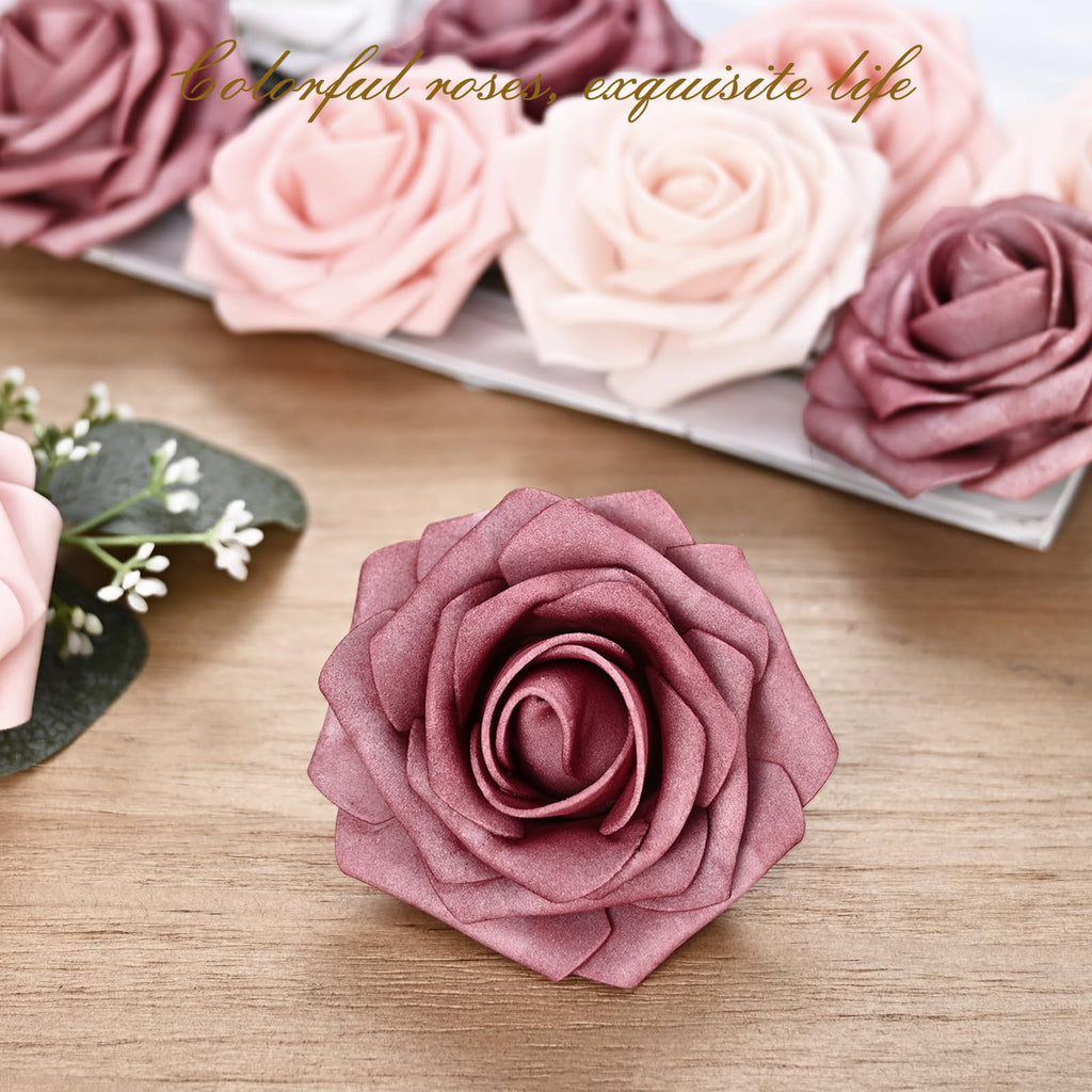 Bleum Cade 16Pcs Artificial Flowers Fake Roses With Stems, Gradient Dusty Rose Boxed Foam Roses For Diy Bouquets Centerpieces We