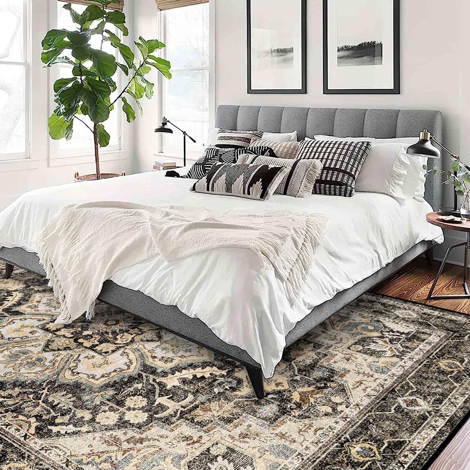 TOPRUUG Washable Oriental Area Rug 9x12 - Vintage Floral Medallion Design - Black/Grey