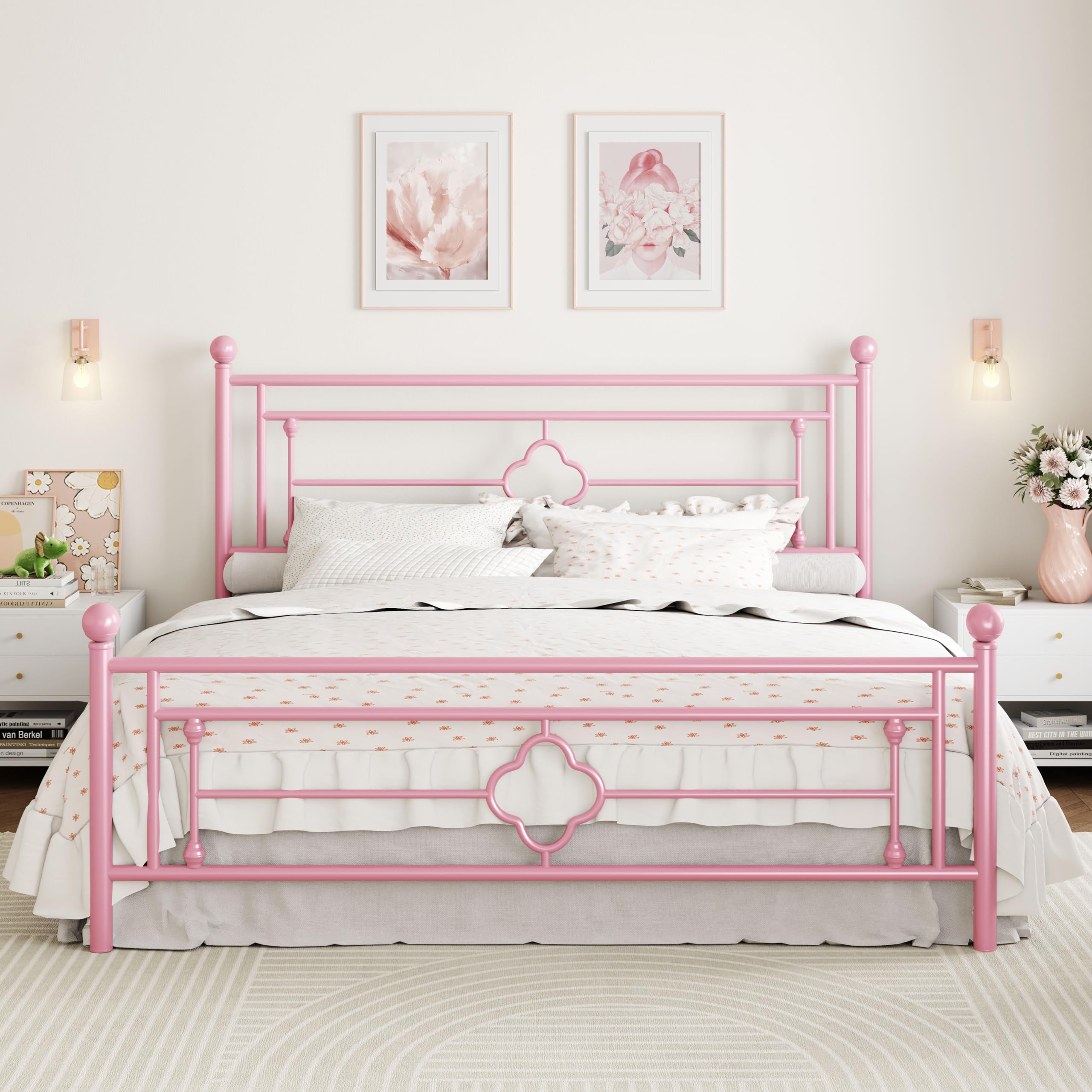 Sha Cerlin 14 Inches King Size Metal Platform Bed Frame/Vintage Iron-Art Headboard And Footboard/Mattress Foundation For Storage/No Box Spring Needed/Noise-Free/Easy Assembly/Pink