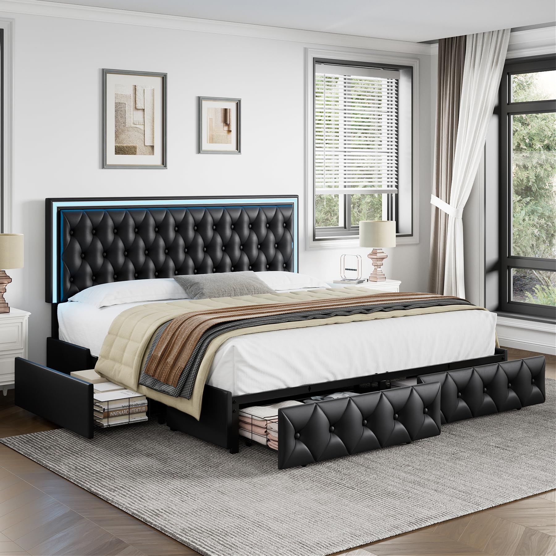 Keyluv King Upholstered Led Bed Frame With 4 Drawers, Pu Leather Platform Storage Bed With Adjustable Button Tufted Headboard And Solid Wooden Slats Support, No Box Spring Needed, Black