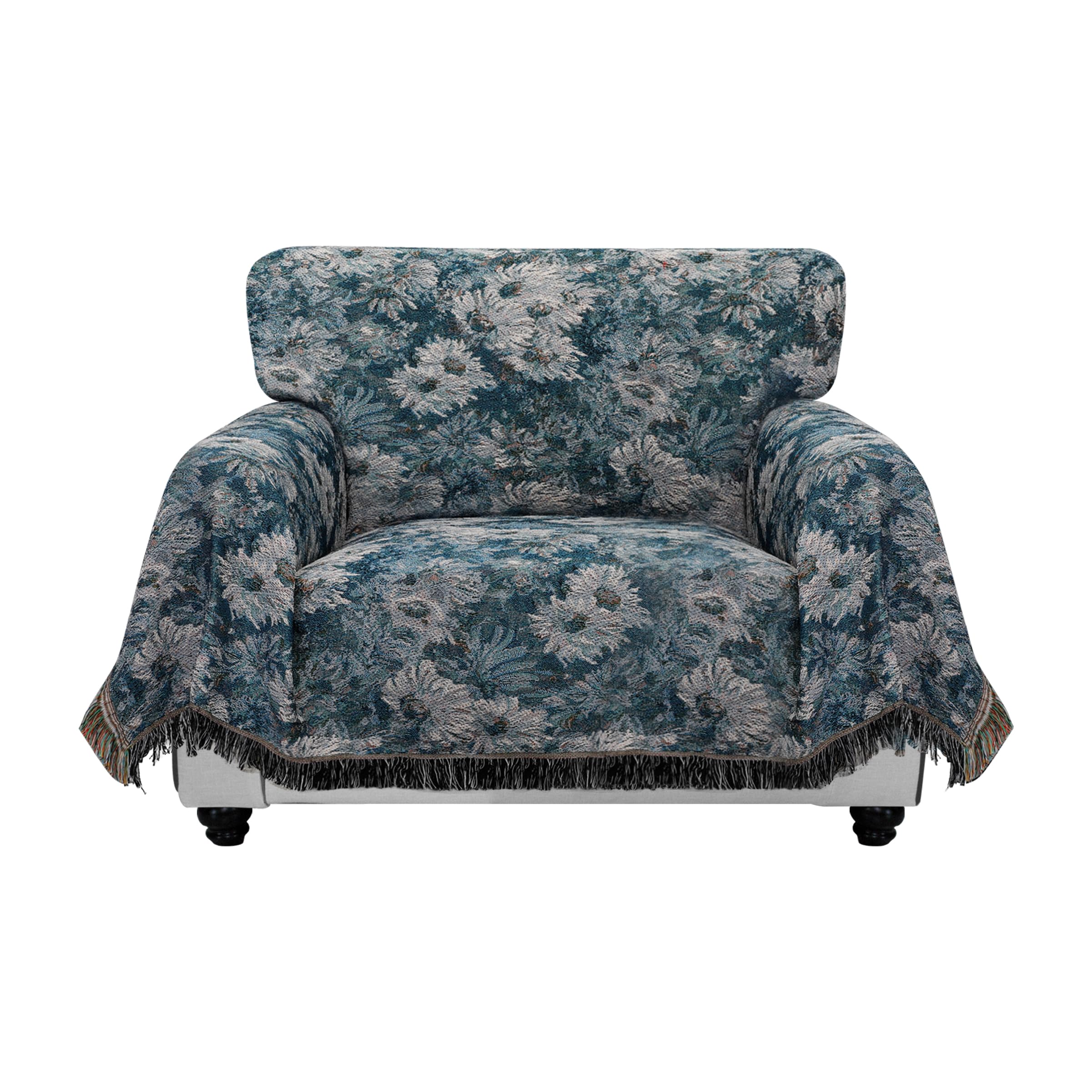 Purefit Geometric Jacquard Throw Sofa Cover - Textured Soft Washable Decorative Couch Covers For 3 Cushion Couch, Throw Cover With Tassels Furniture Protector For Pets (Small, Flower Peacock Blue)