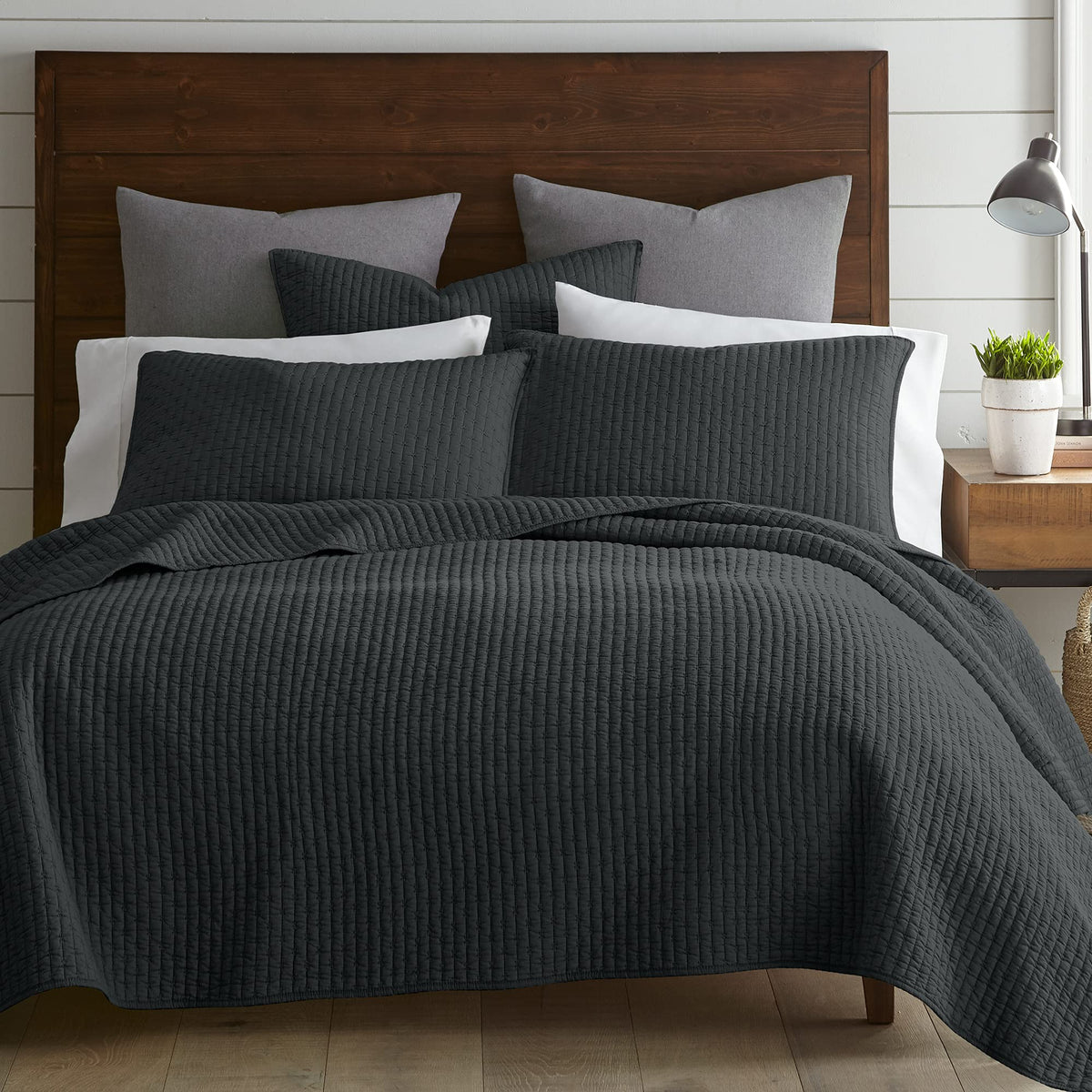 Levtex Home - Cross Stitch Quilt Set - 100% Cotton - Full/Queen Quilt (88X92In.) + 2 Standard Shams (26X20In.) - Charcoal Quilt