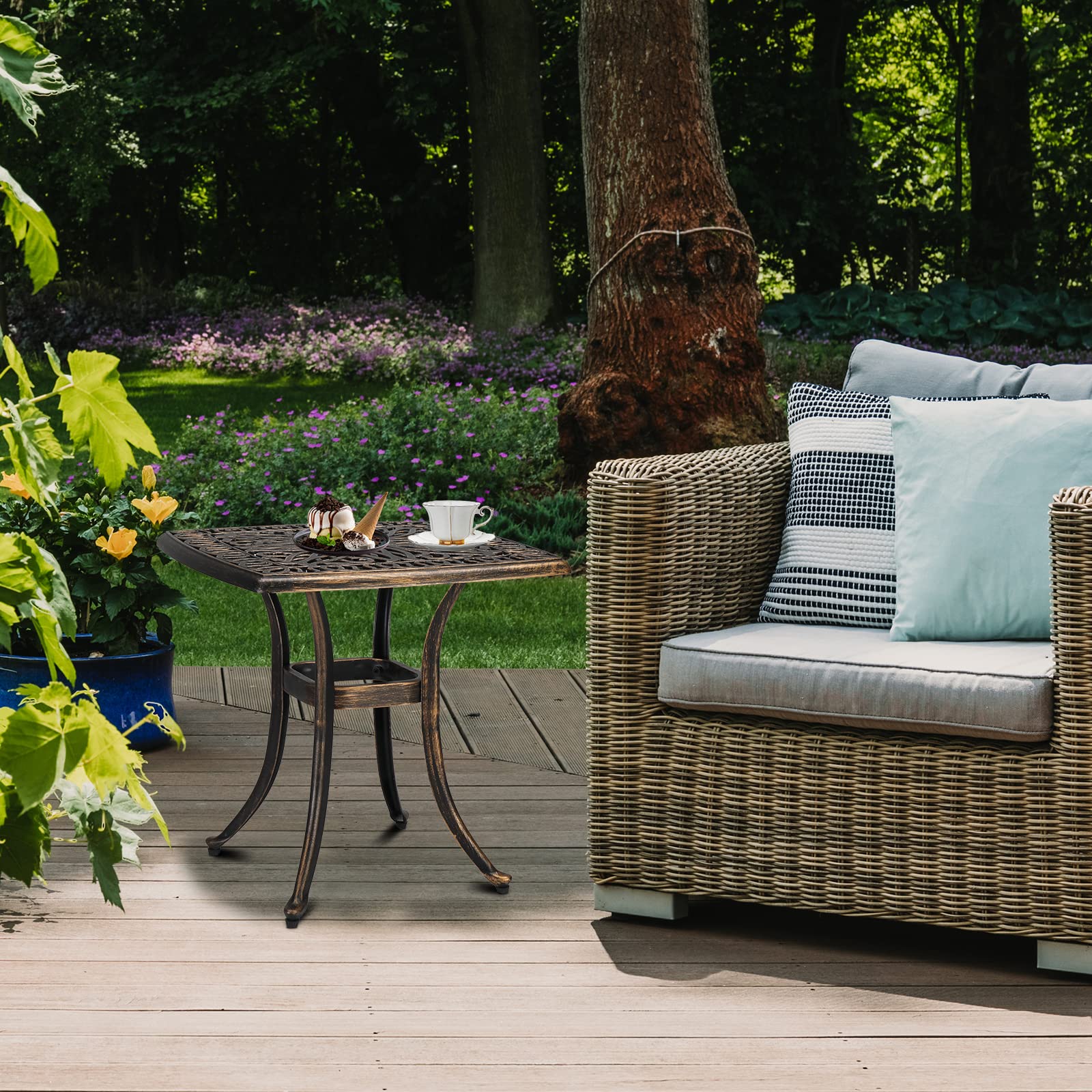 VINGLI 21? Bronze Cast Aluminum Outdoor Side Table - Weatherproof Patio Coffee Table for Porch & Bistro Use