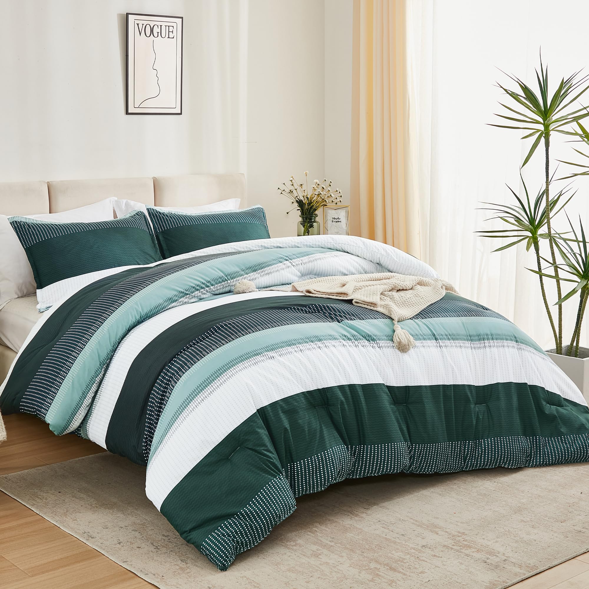 Litanika Dark Emerald Green Bed Comforter Full Set, 3 Pieces Hunter Green Bedding Set, Colorblock Stripe Vintage Style (79X90In