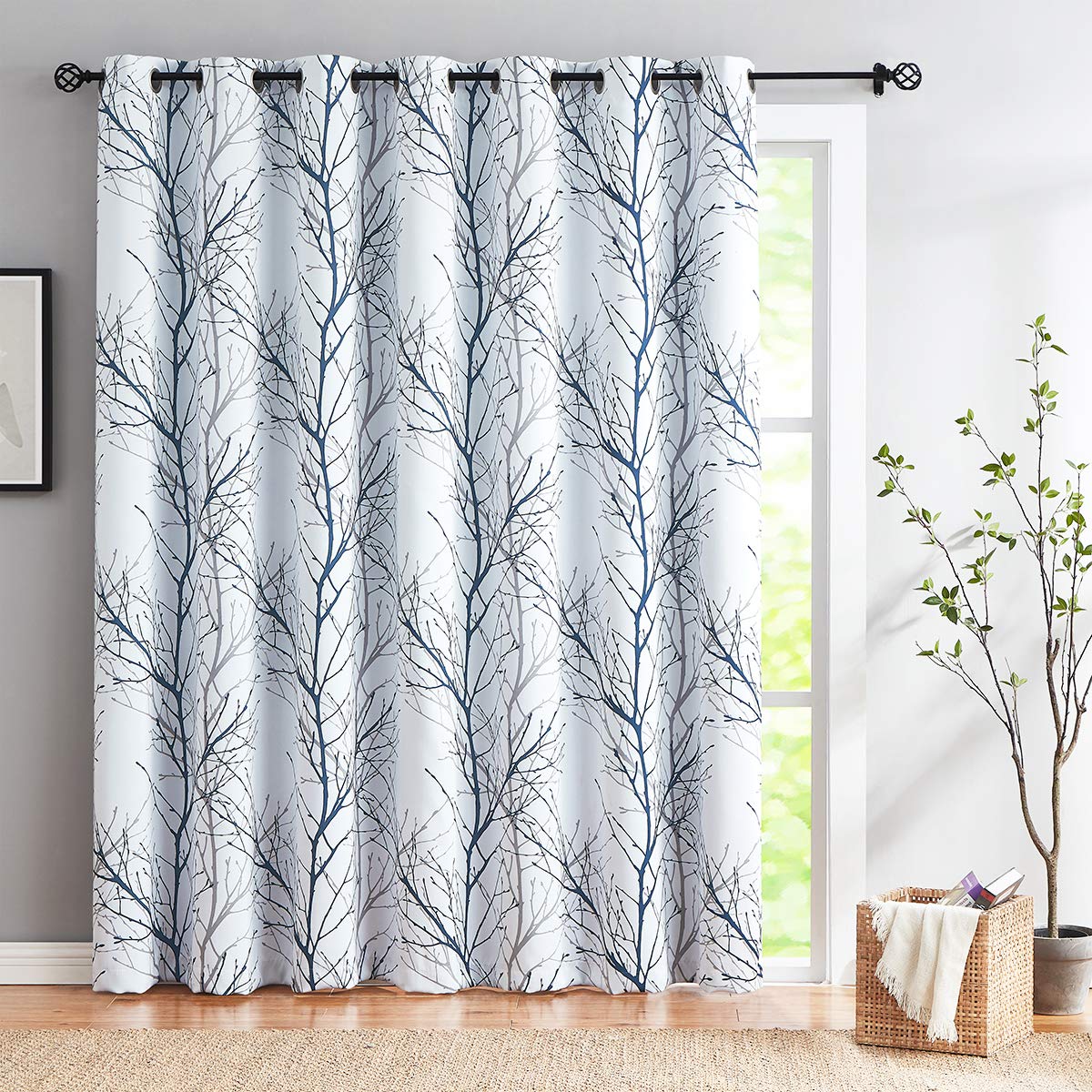 Fmfunctex Blue-White Sliding Door Blackout Curtain 100X84 Tree Branch Print Extra Wide Full Light Blocking Window Curtains For P