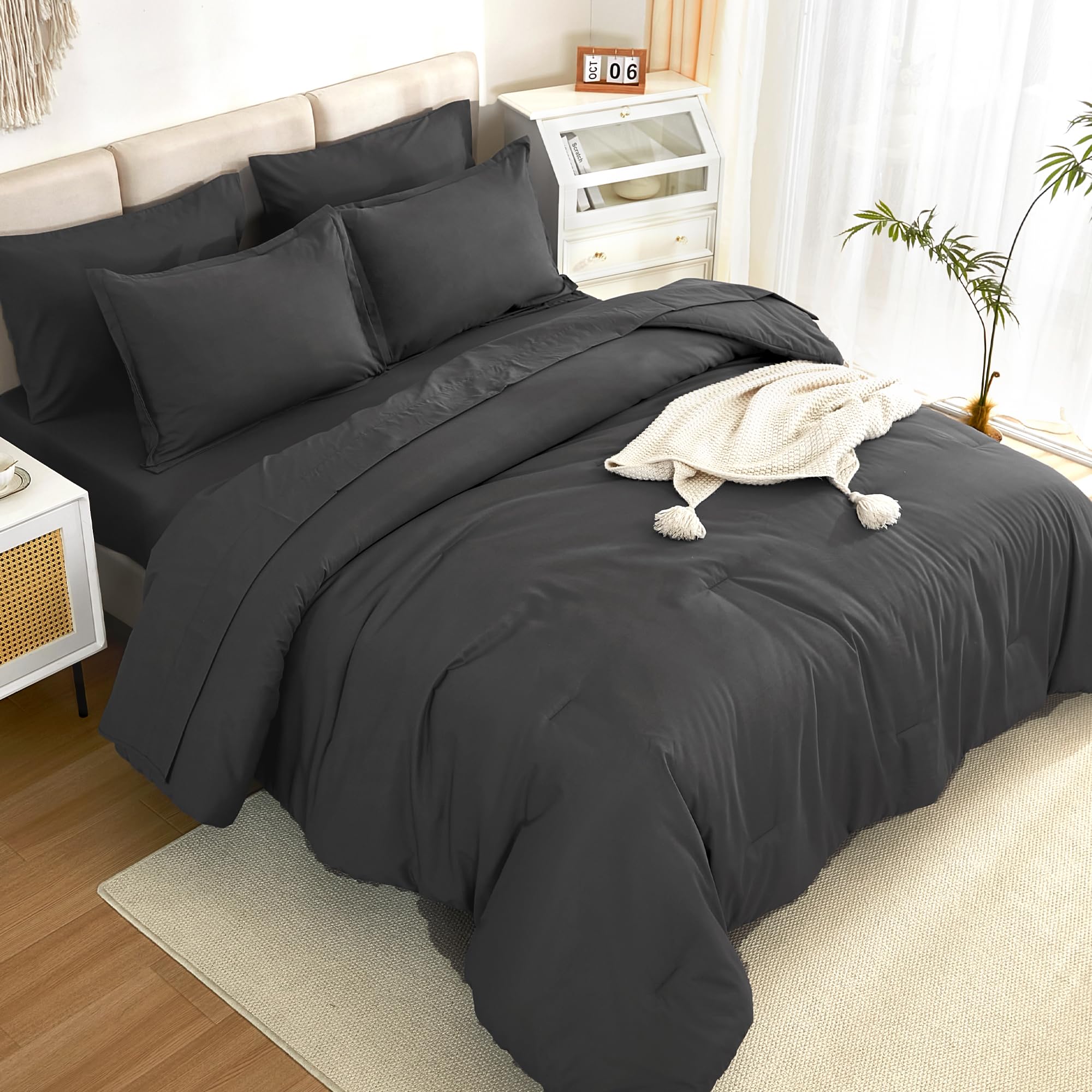 Litanika Comforter Queen Size Set Dark Grey - 7 Pieces Bed In A Bag Queen Beddding Comforter Sets, Plain Lightweight Bed Set Wit