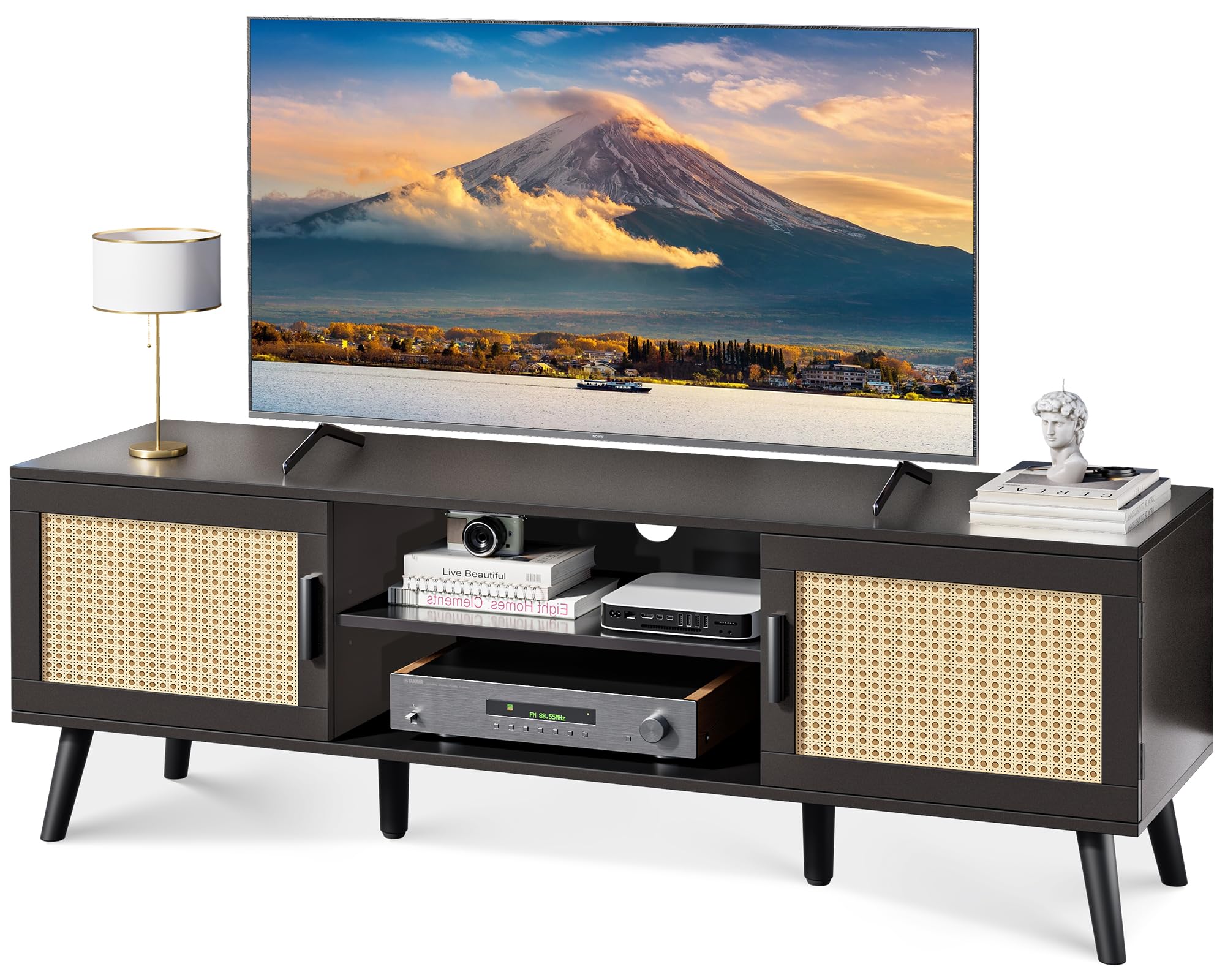 SUPERJARE TV Stand for 65 Inch TV, Entertainment Center with Adjustable Shelf, Rattan TV Console with 2 Cabinets, Media Console,