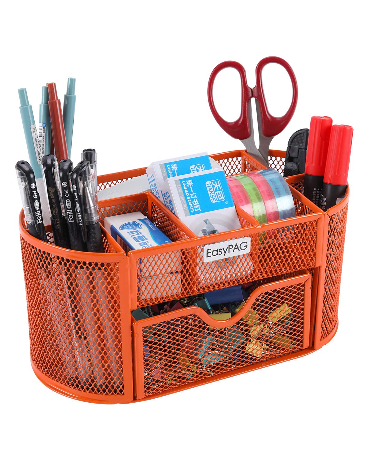Easypag Desk Organizer Mesh Desktop Office Supplies Multi-Functional Caddy Pen Holder Stationery With Drawer,Orange
