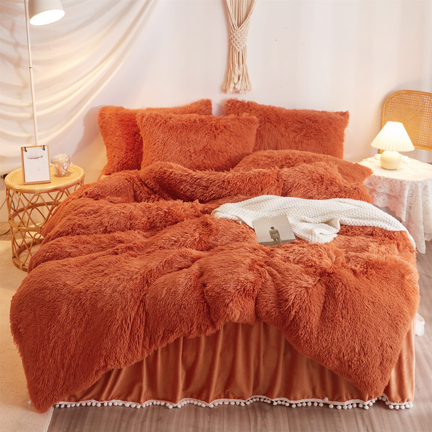 Haihua Fluffy Burnt Orange Comforter Cover Set Queen,Faux Fur Burnt Orange Bedding 3 Pieces(1 Plush Queen Duvet Cover +2 Faux Fu