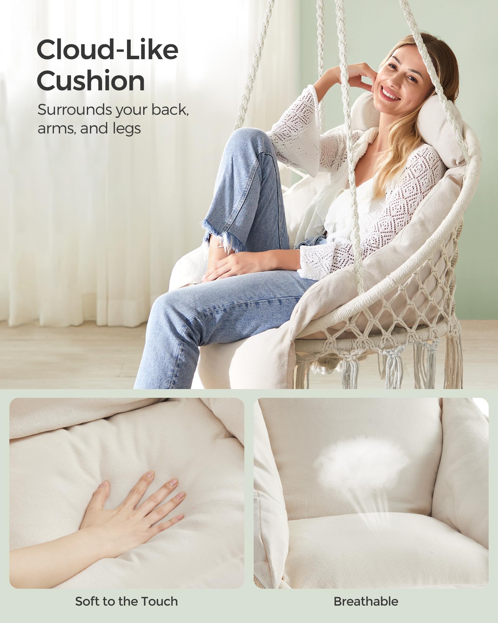Songmics Hanging Chair, Hammock Chair With Large, Thick Cushion, Boho Swing Chair For Bedroom, Patio, Balcony, Garden, Holds Up To 264 Lb, Accessories Included, Cream White Ugdc042M01