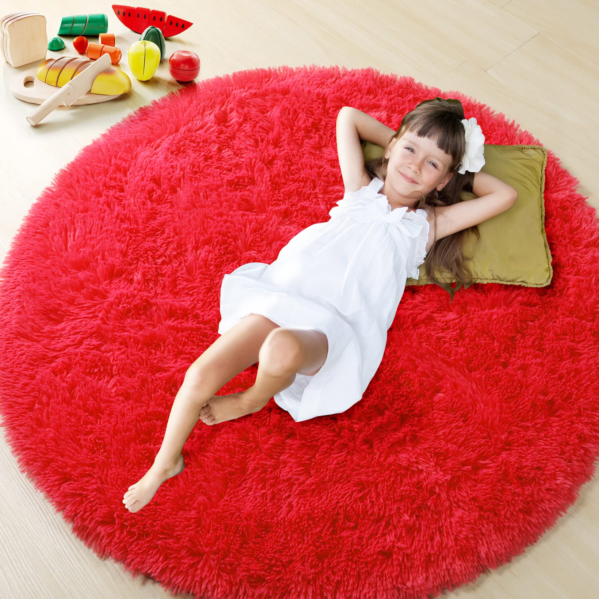 Onasar Red Round Area Rug 4X4, Soft Bedroom Circle Rugs Floor Mat For Kids Girls Teen Room, Kawaii Fluffy Plush Shaggy Carpet Fo