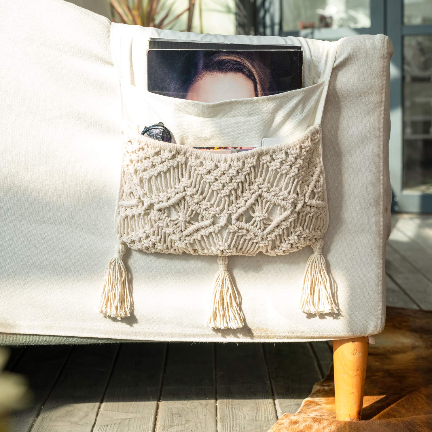 Mkono Macrame Sofa Armrest Organizer Remote Control Holder Couch Bedside Armchair Caddy Storage Basket Bag for TV Remote Control