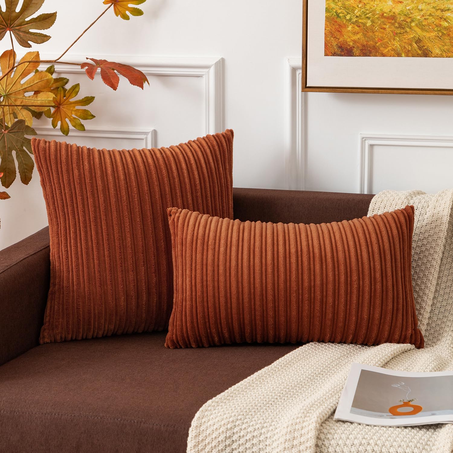 Kevin Textile Pack Of 2 Corduroy Soft Soild Decorative Rectangle Throw Pillow Covers Set Cushion Cases Pillowcases For Sofa Bedroom Car 12 X 20 Inch 30 X 50 Cm Rust