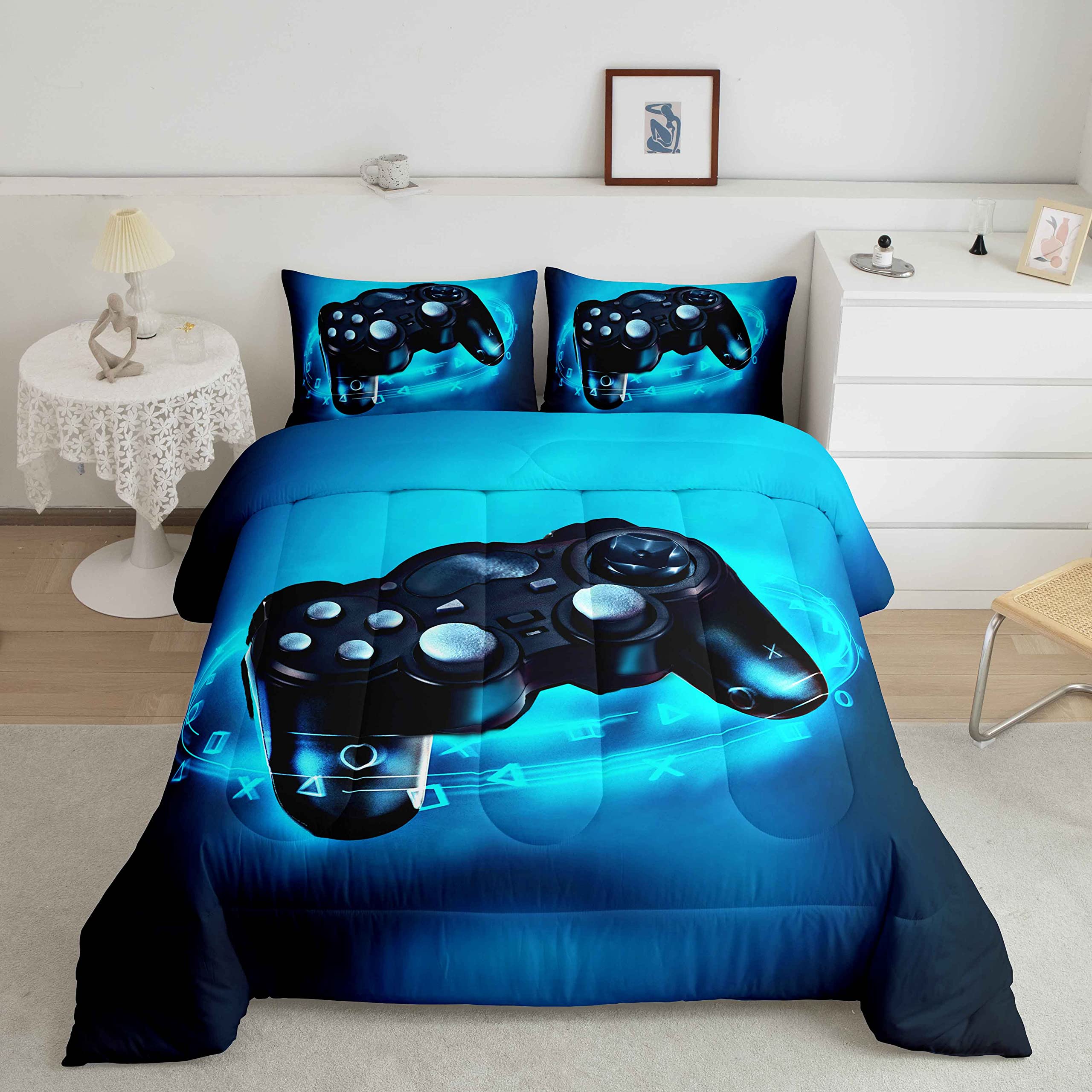 Feelyou Gamer Comforter Sets For Boys Twin Bedding Set For Boys Kids Gaming Comforter Gamer Room Decor Blue Video Game Bed Set T