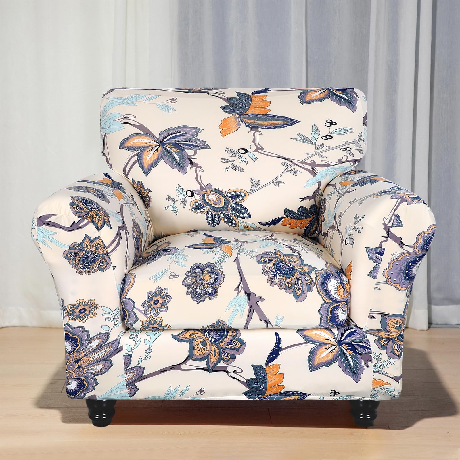 Searchi Stretch Sofa Cover Printed Couch Covers, Floral Pattern 2 Piece Armchair Slipcover With Separate Chair Cushion Cover, Washable Furniture Protector For Living Room(Armchair, Flower Pattern)