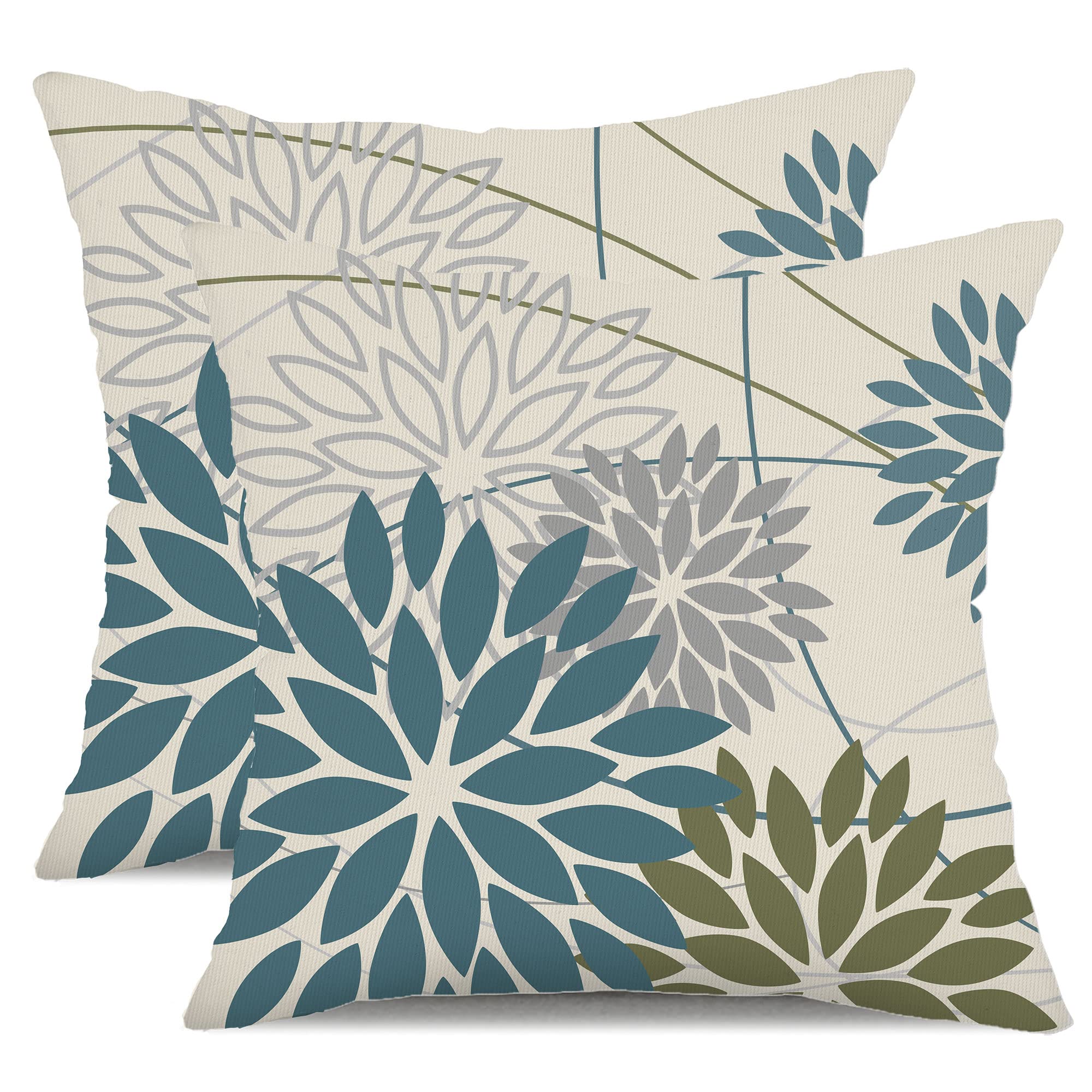 Blue Army Green Outdoor Pillow Covers Set Of 2 16X16 Inch Teal Floral Elegant Polyester Flower Pillow Case Outdoor Waterproof De