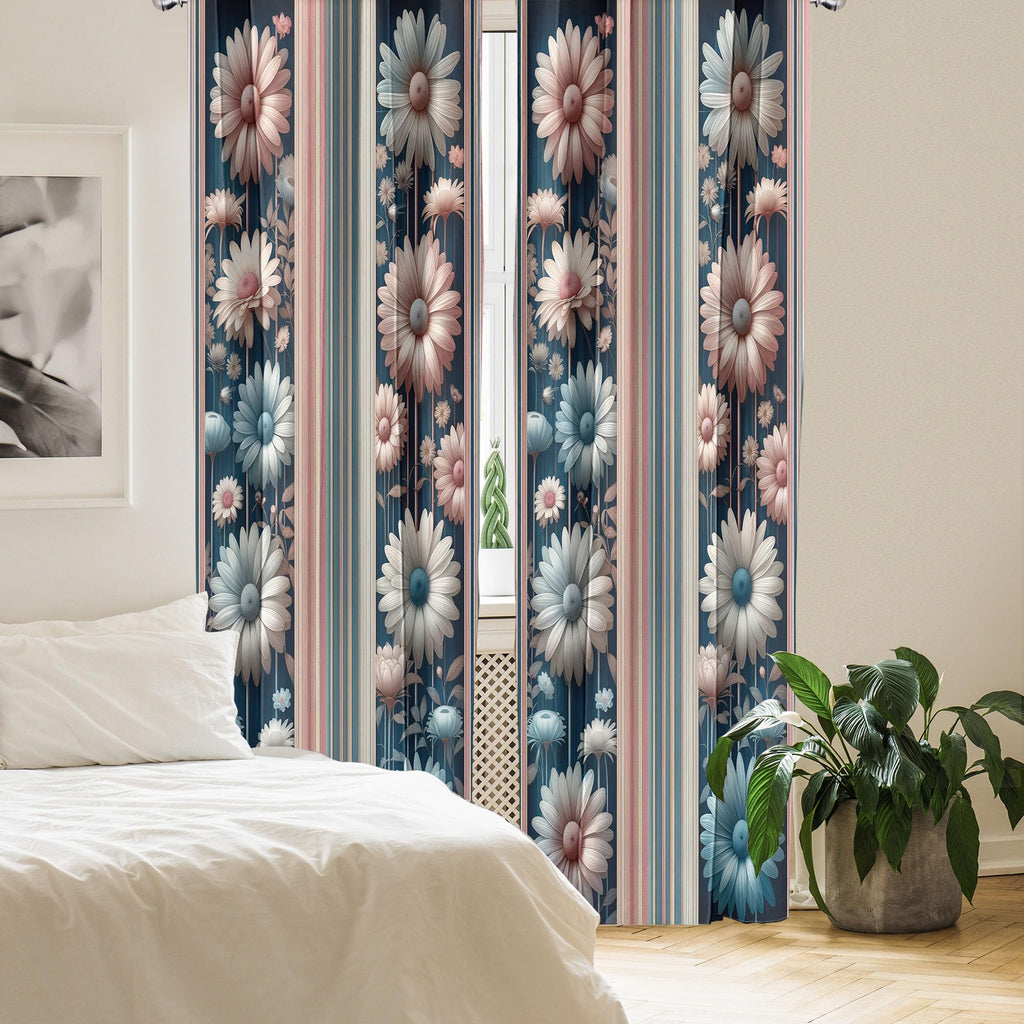 Ambesonne Floral Window Curtains Pack Of 2, Nostalgic Garden With Vintage Daisy Flowers And Bicolour Soft Stripes, Lightweight S