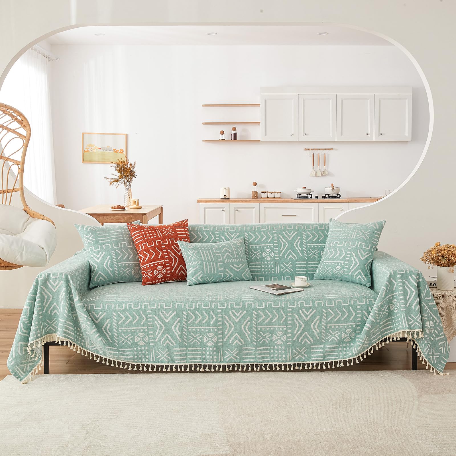 Handontime Farmhouse Couch Cover Tassel Light Green Sofa Covers For Dogs Boho Décor Geometric Aztec Couch Cushion Cover Sofa Protector Cover Sectional Couch Covers For 3 Cushion Couch, 71' X134'