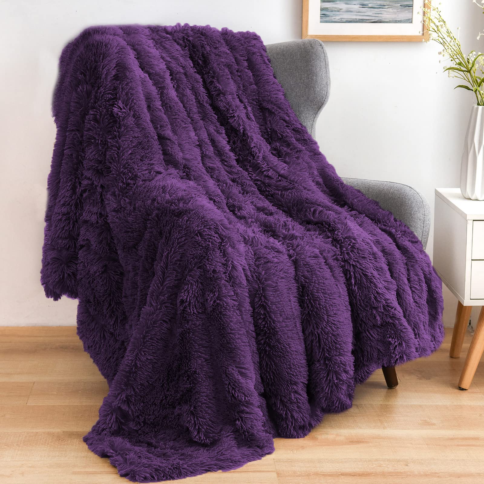 Gonaap Fuzzy Faux Fur Throw Blanket Twin Size Purple Super Soft Cozy Plush Fuzzy Shaggy Blanket For Couch Sofa Bed (Purple, Twin