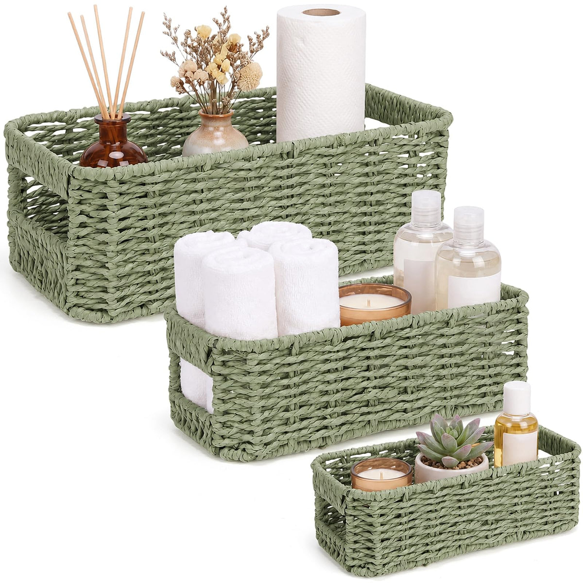 Domensi 3 Set Wicker Paper Rope Storage Baskets for Organizing,Green