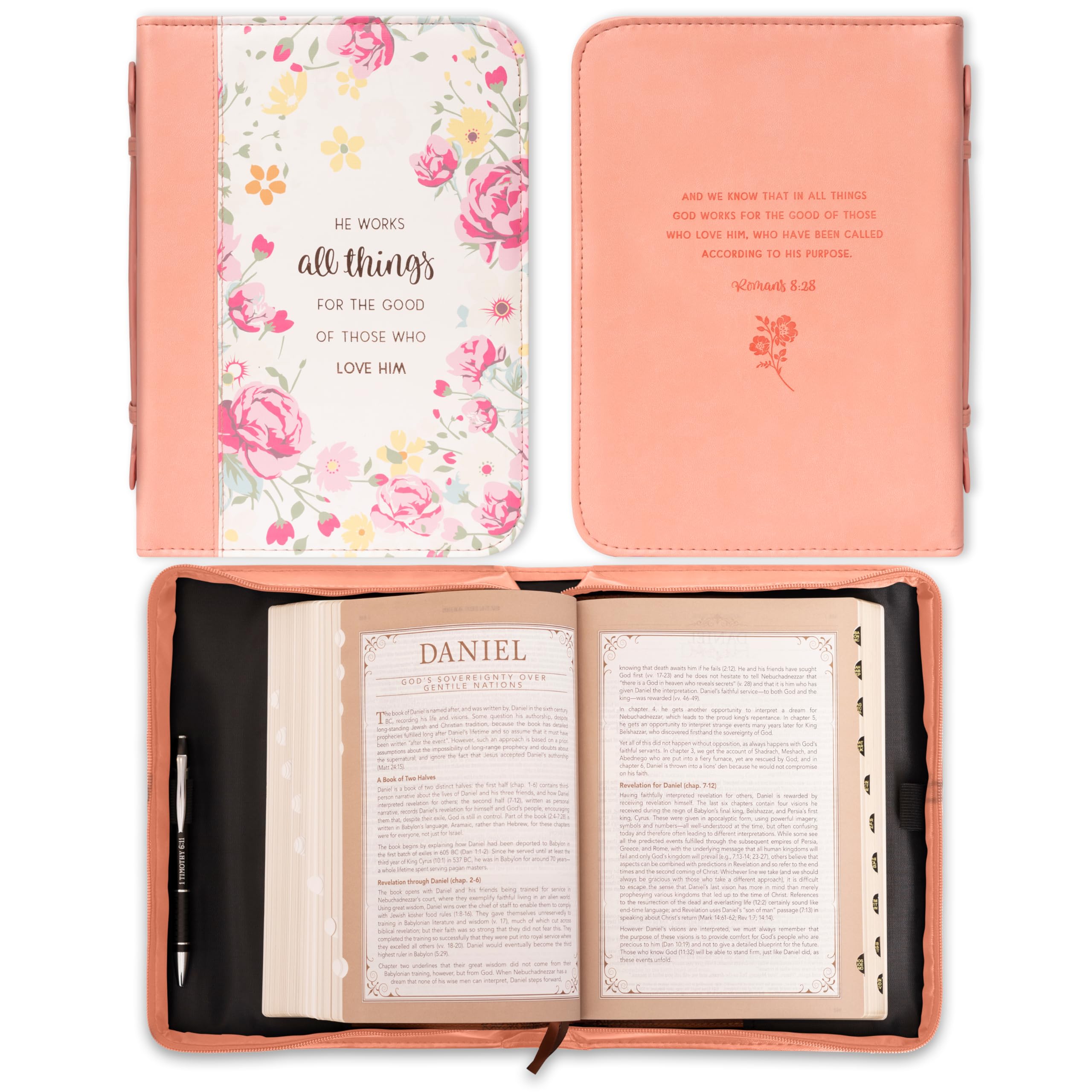 Christian Art Gifts Women'S Fashion Bible Cover He Works All Things For Good Romans 8:28, Peach Floral Faux Leather, Medium