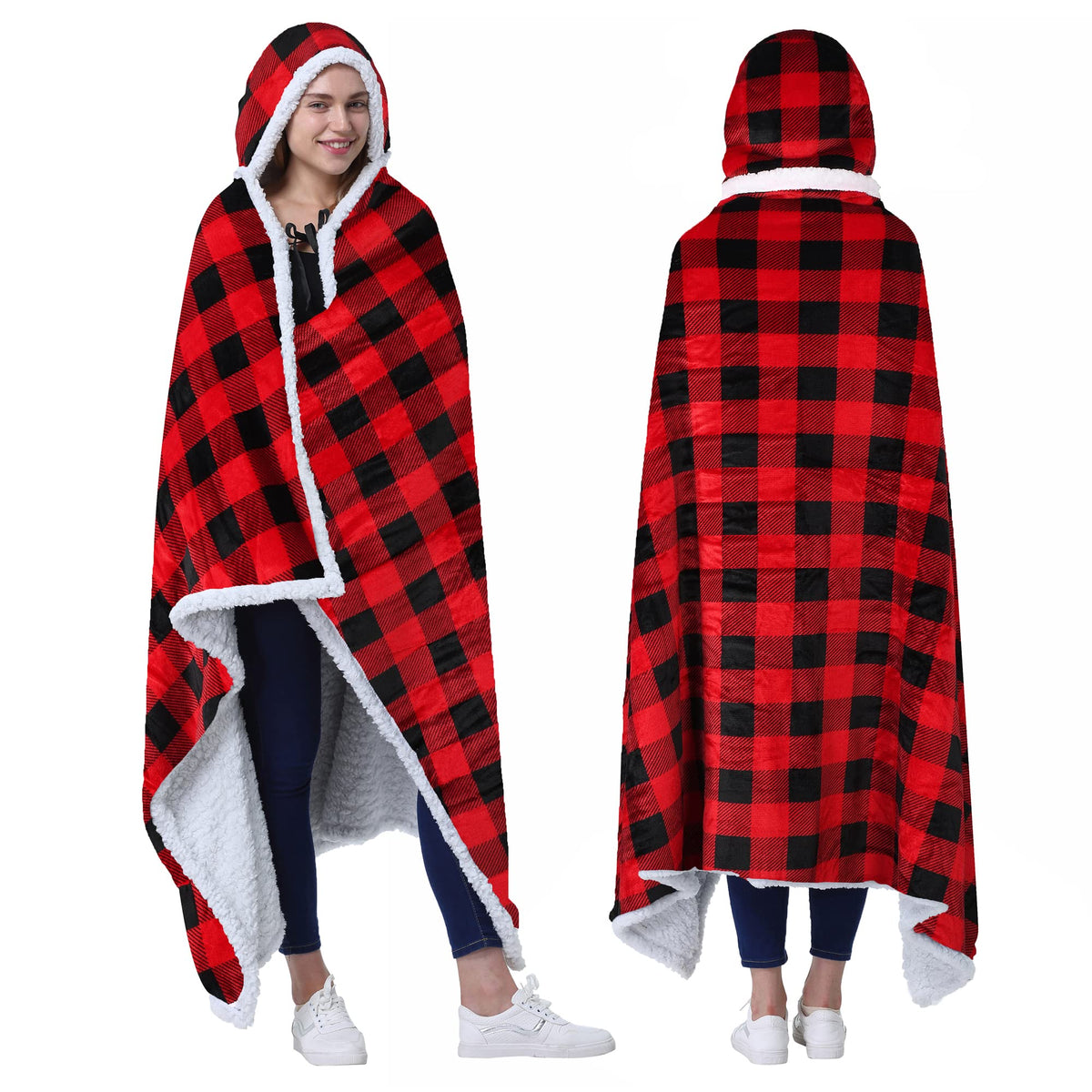 Catalonia Buffalo Plaid Hooded Blanket Poncho | Wearable Blanket Wrap With Hand Pockets | Comfy Sherpa Fleece Throw Cape For Chi