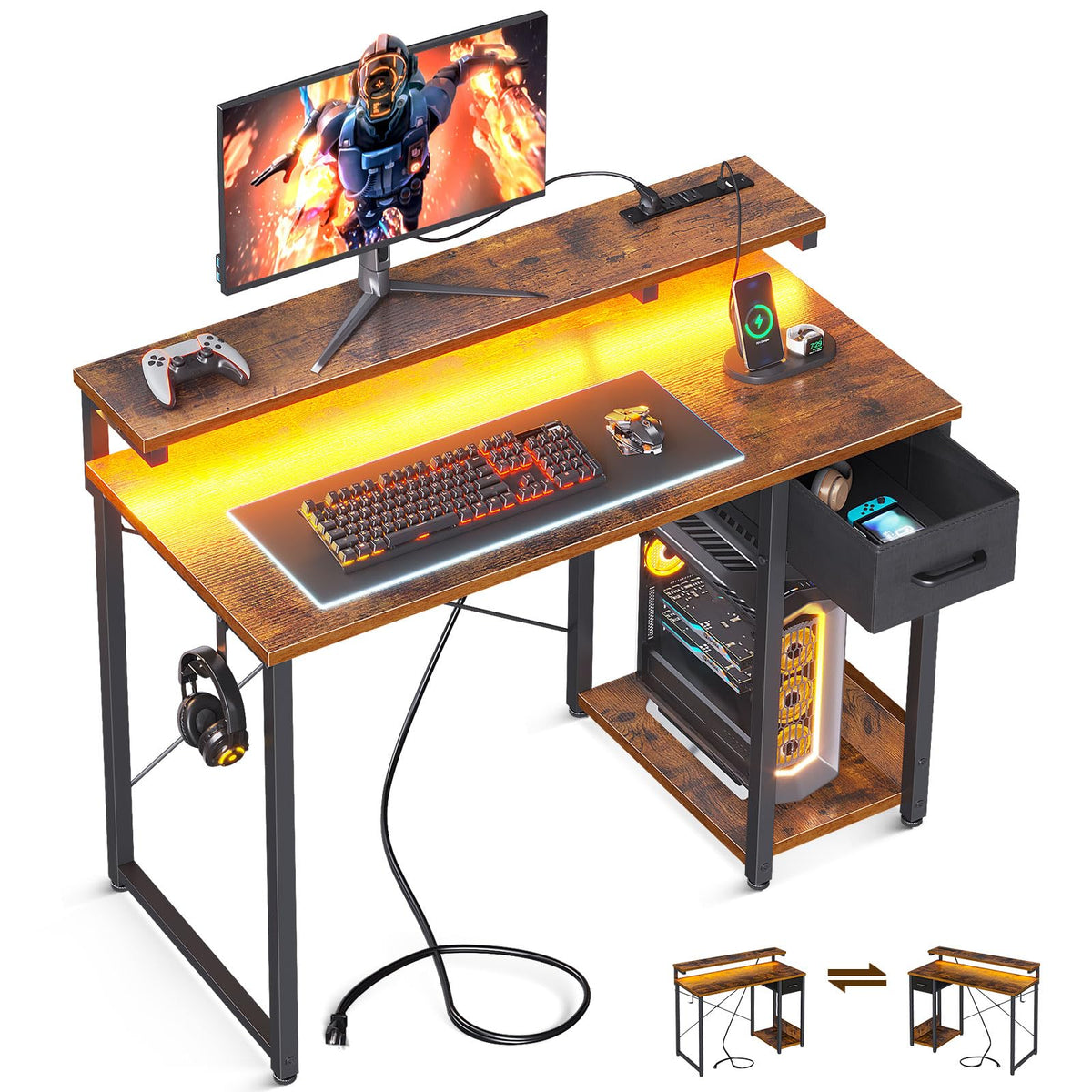 Aodk Gaming Desk With Led Lights & Power Outlet, 40 Inch Computer Desk With Drawer, Reversible Desk With Adjustable Monitor Shelf & Headphone Hook For Home Office, Rustic Brown
