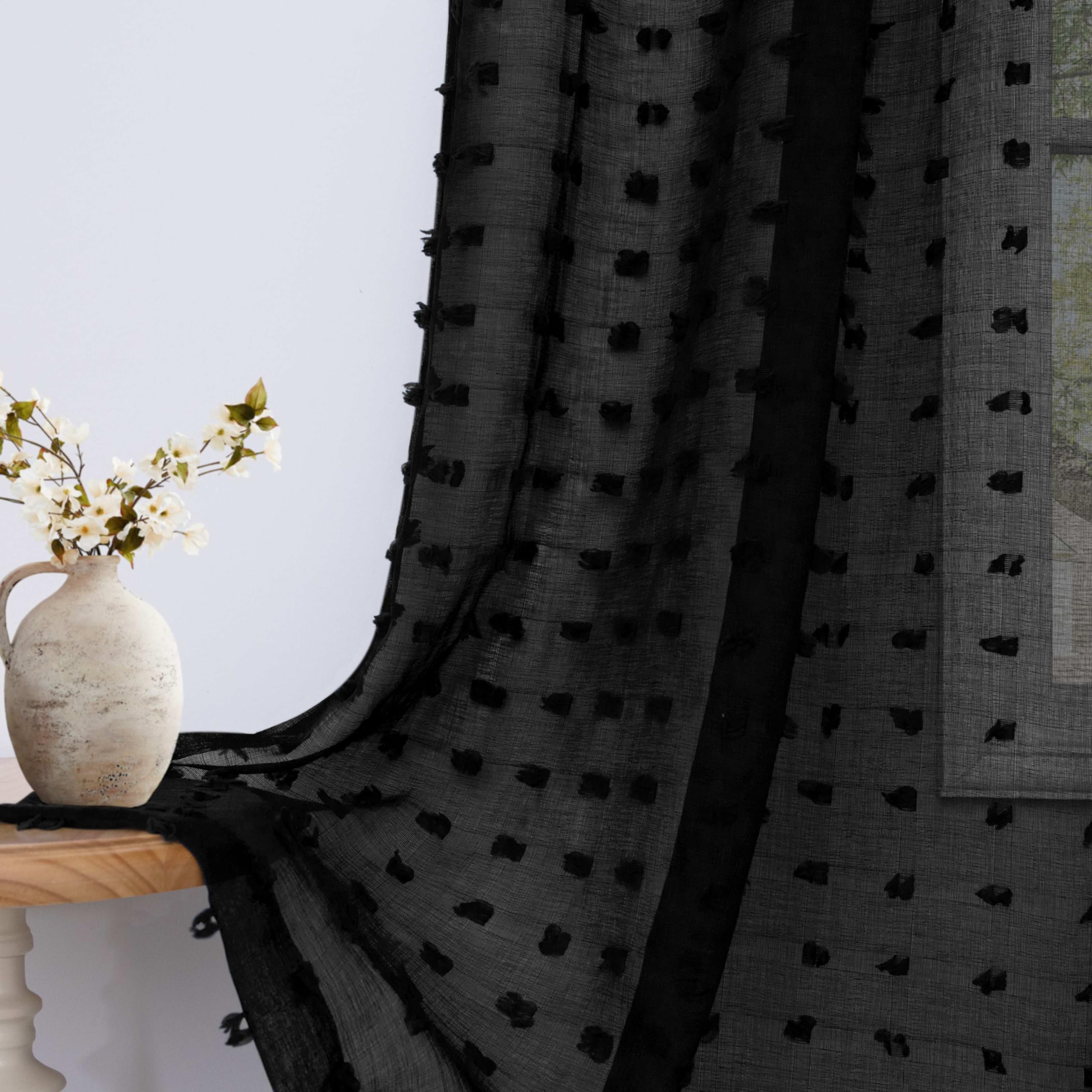 Pom Pom Black Boho Curtains 90 Inch Length For Living Room 2 Panels Back Tab Rod Pocket Transparency Neutral Country Rustic Farm