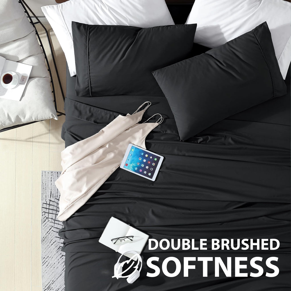 Cathay Home Essentials Ultra Soft Hypoallergenic Wrinkle Resistant Double Brushed Microfiber Bedding Sheet Set, Black, Queen