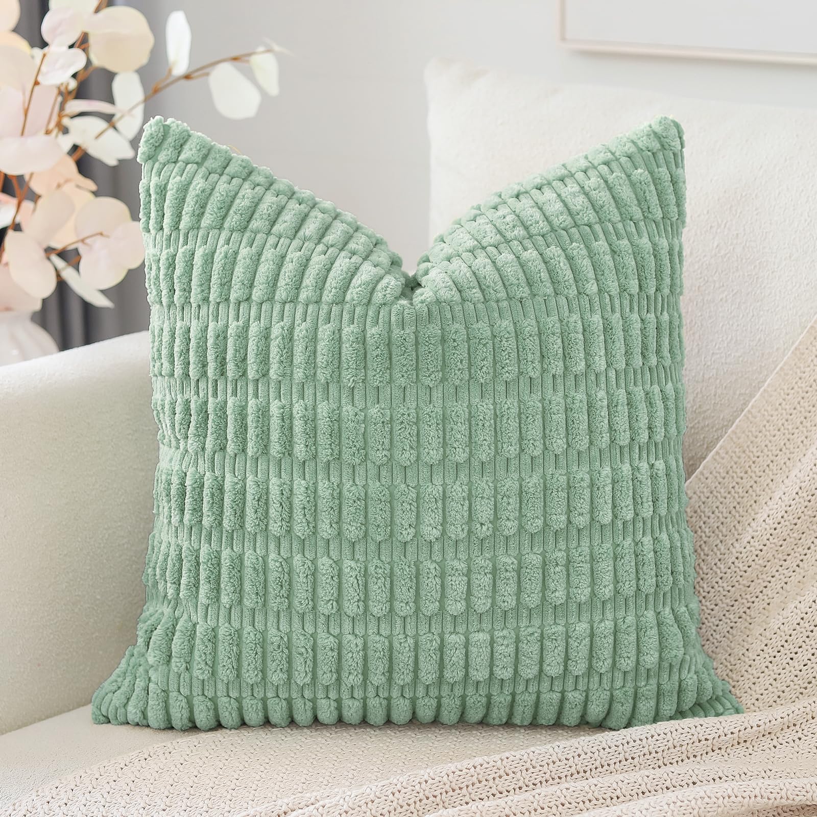 Otostar Corduroy Decorative Throw Pillow Covers 24X24 Inch Super Soft Boho Striped Square Pillow Covers Case Modern Cushion Covers For Sofa Couch Bedroom Car Decor Aqua Green