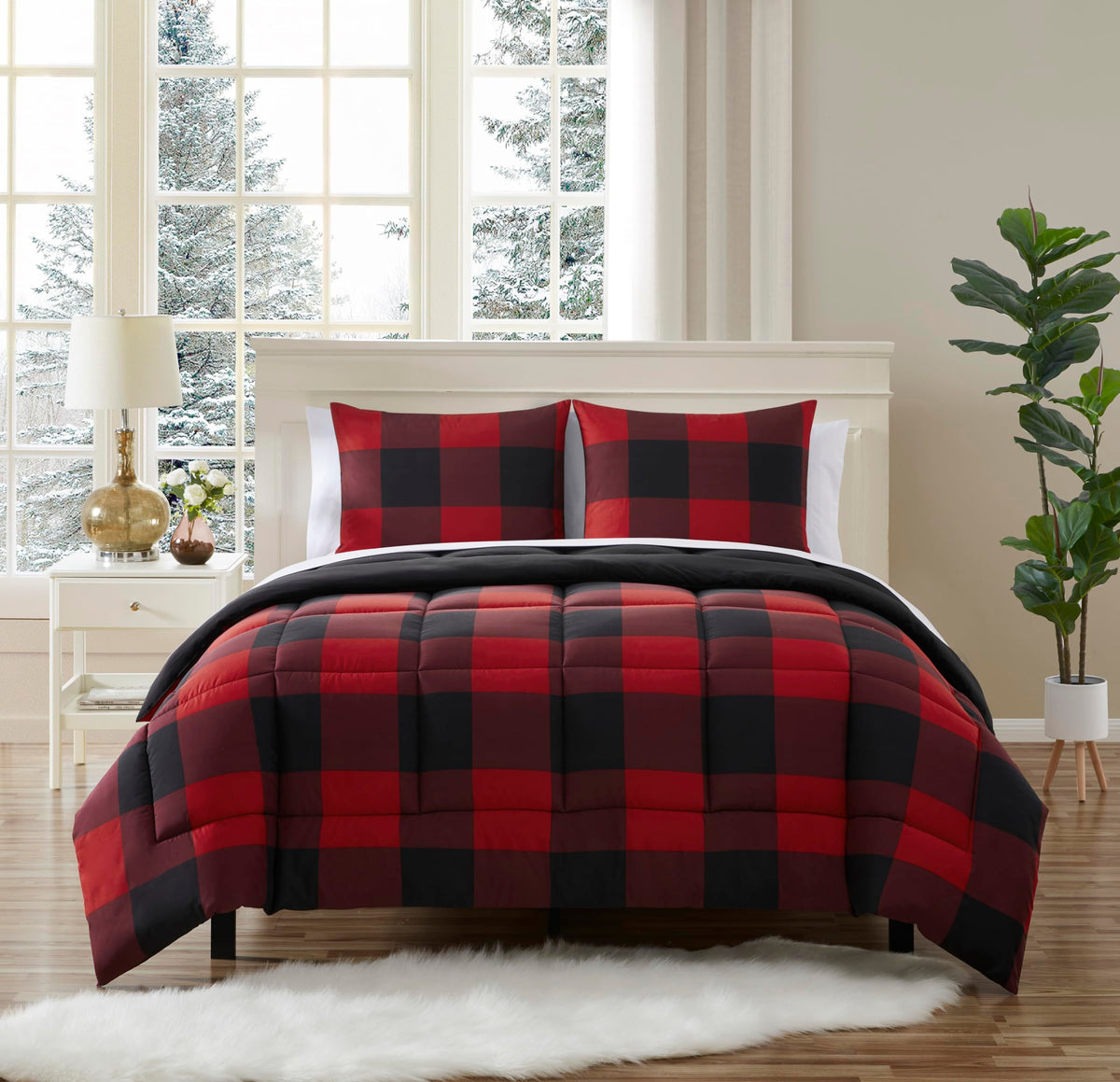 7 Piece Comforter Set Bag Solid Color All Season Soft Down Alternative Blanket & Luxurious Microfiber Bed Sheets, King, Buffalo