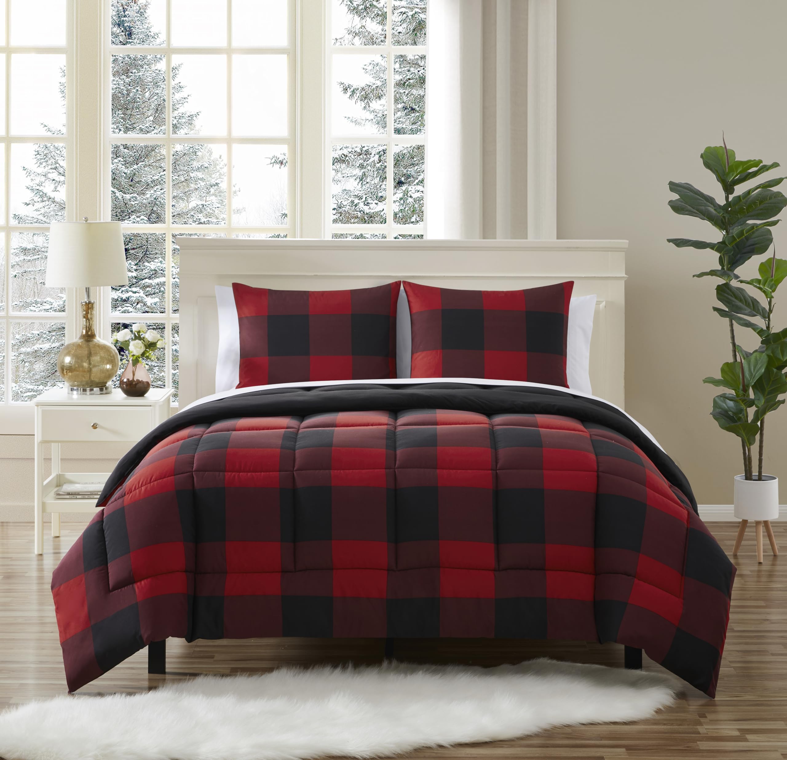 7 Piece Comforter Set Bag Solid Color All Season Soft Down Alternative Blanket & Luxurious Microfiber Bed Sheets, King, Buffalo