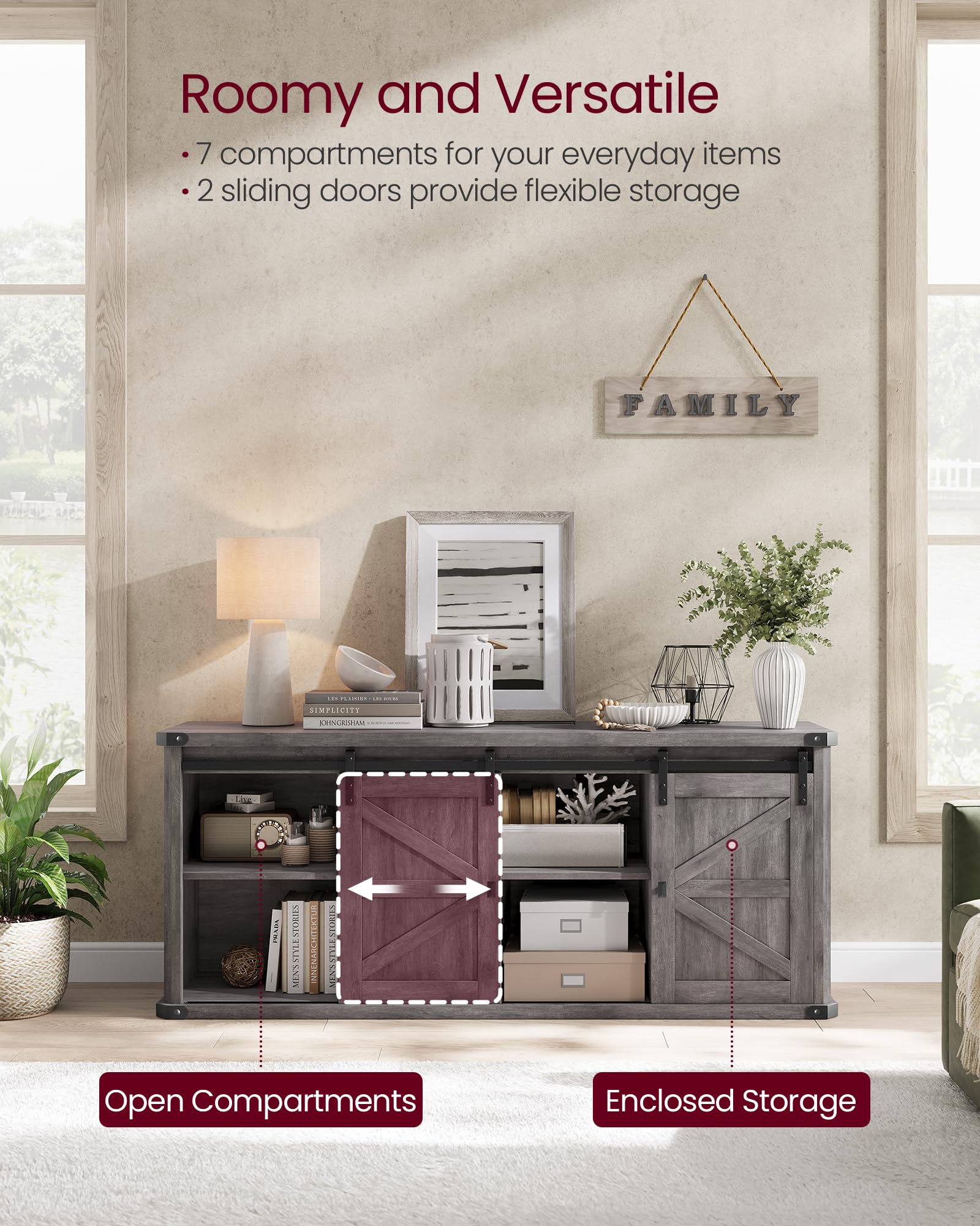 Vasagle Tv Stand For Tvs Up To 65 Inches, Farmhouse Entertainment Center With Sliding Barn Doors, Tv Console Table For Living Room, Misty Gray Ultv324G68