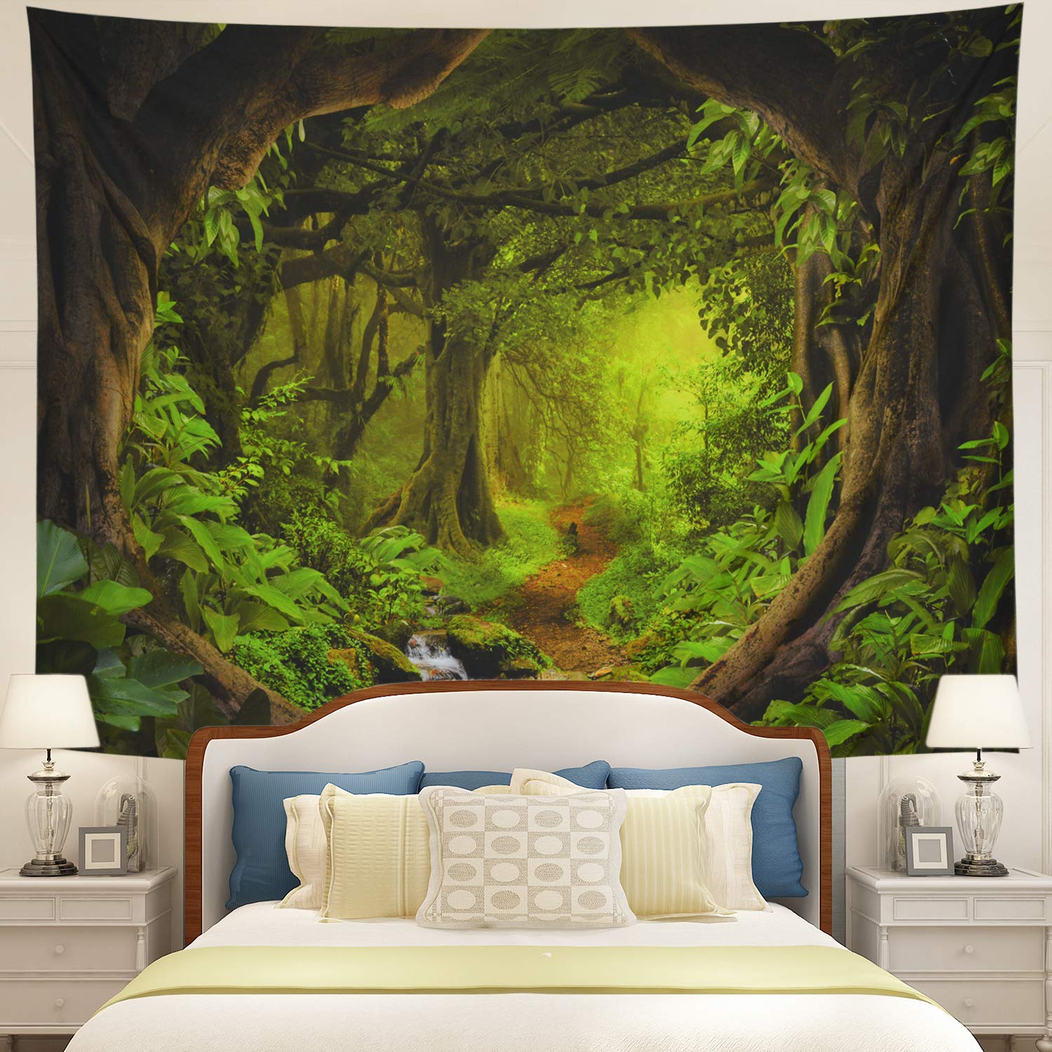 Tushelia Forest Tapestry Nature Tree Cave Tapestry Wall Hanging Misty Forest Tapestry Stream Through Rainforest Tapestry Landsca