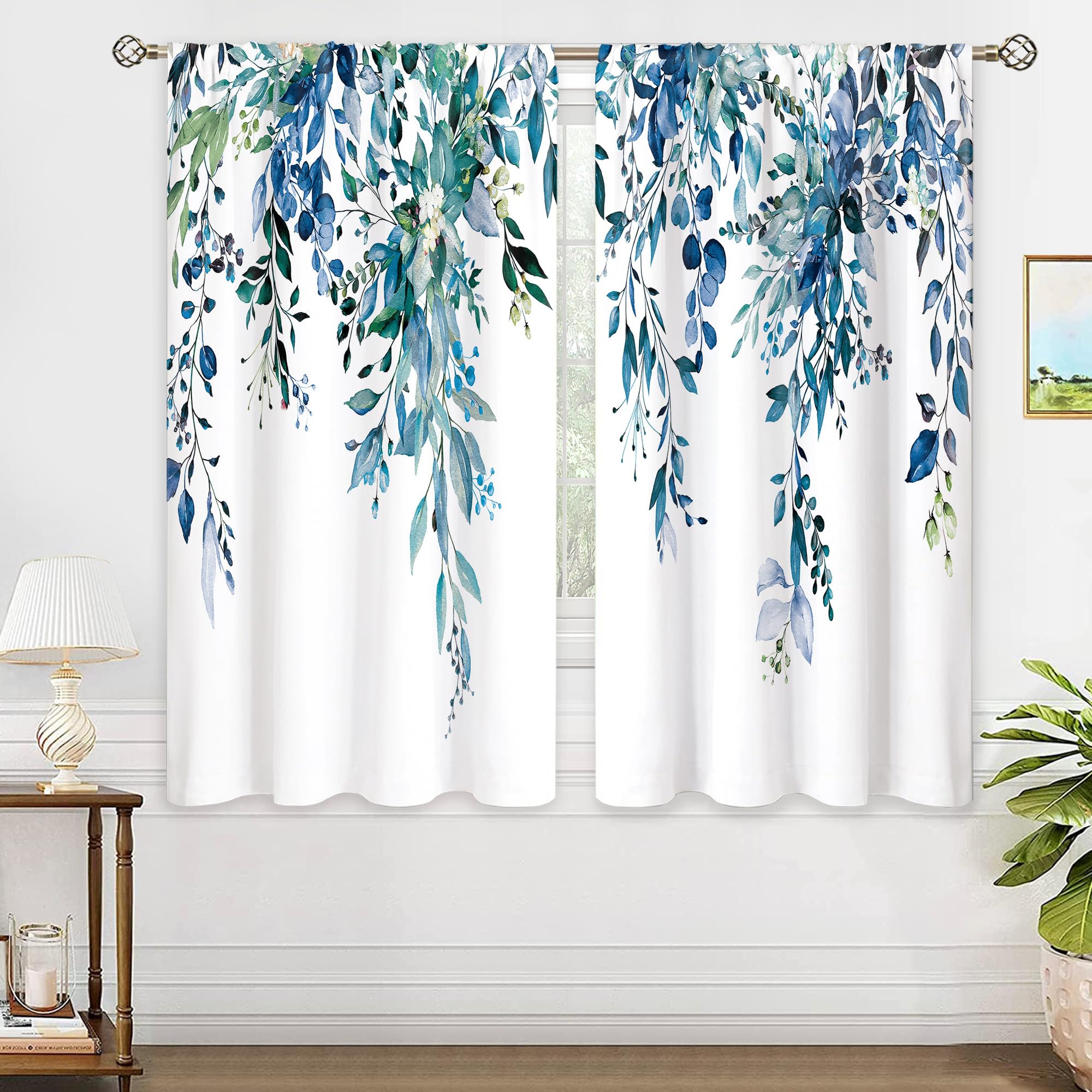 Oolygoo Teal Eucalyptus Botanical Leaves Floral Window Curtains Blue Watercolor Turquoise Flower Plant Wildflower Farmhouse Curt