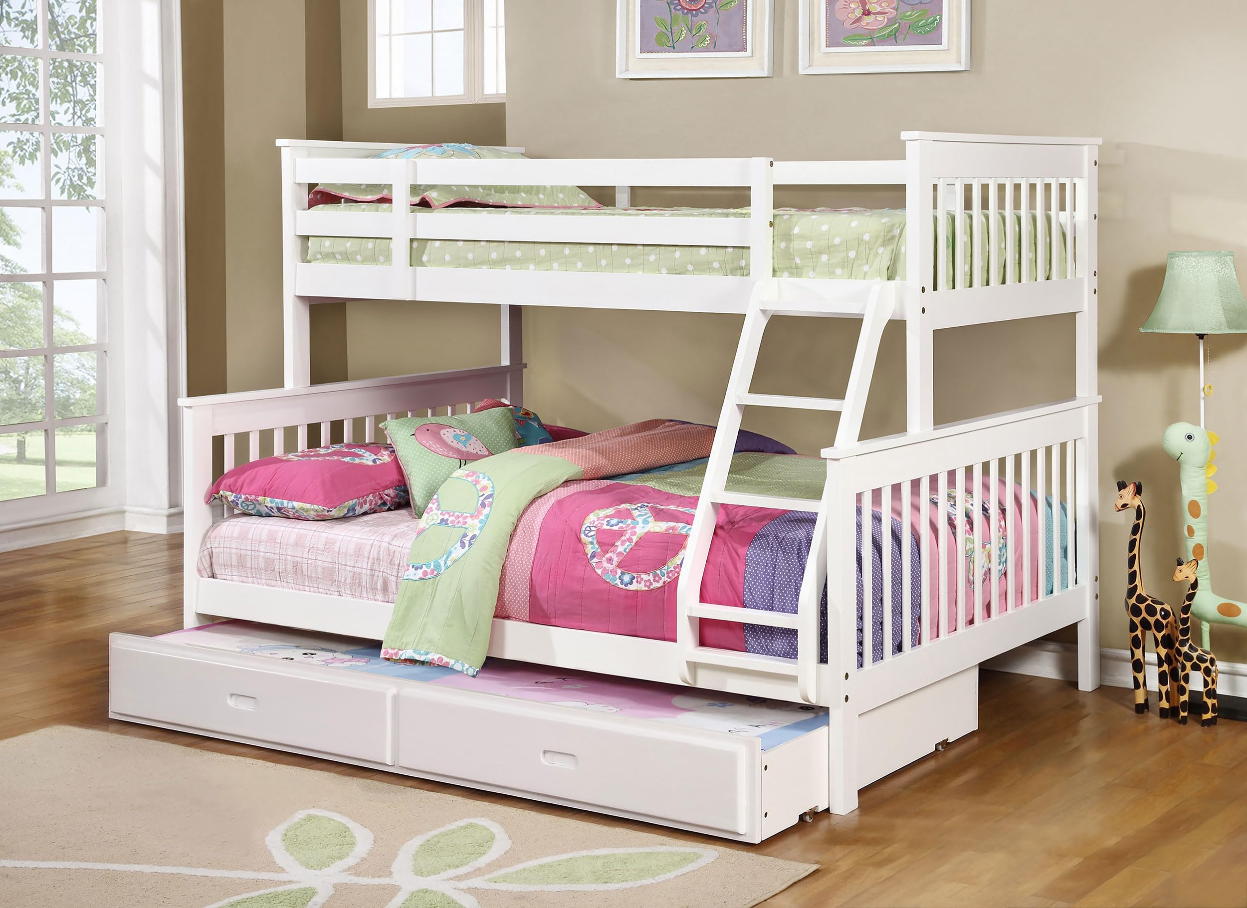 Coaster Home Furnishings Chapman Transitional Wood Twin Over Full Size Bunk Bed Frame with Ladder and Guardrails Fully Slatted Mattress Ready Foundation White 460260