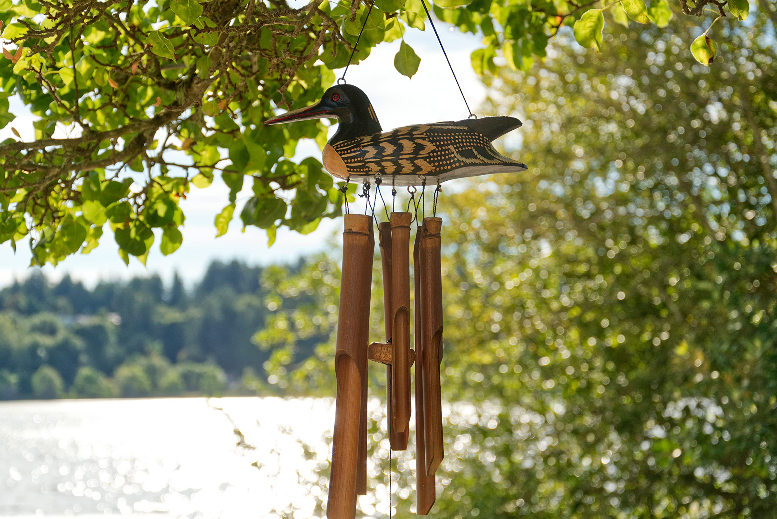 Cohasset Gift & Garden Bamboo Wind Chime For Outside - Hand-Painted Loon Bird - Unique Duck-Themed Wind Chime For Outside - Medi