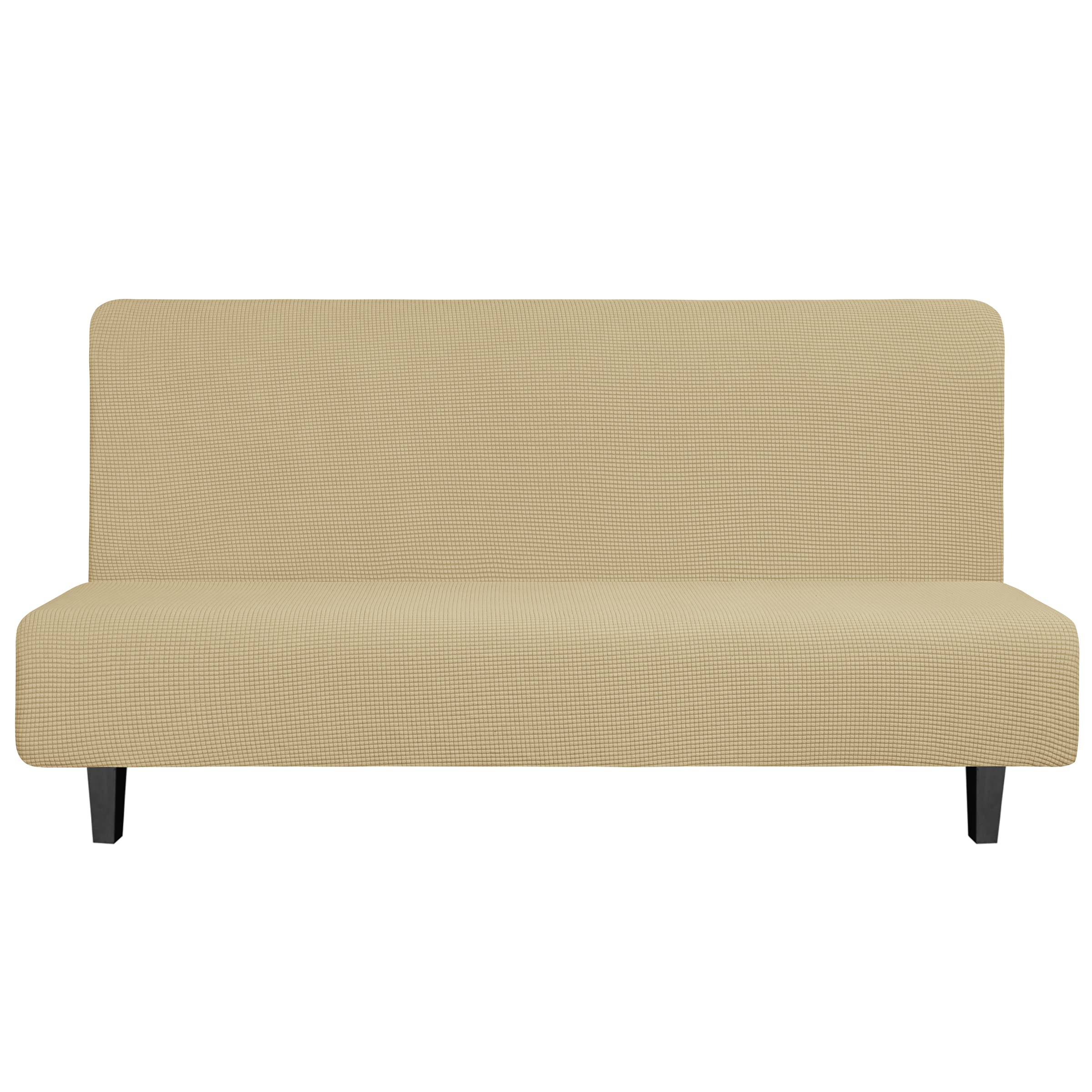 Easy-Going Stretch Futon Slipcover Armless Futon Bed Cover Furniture Protector Without Armrests With Elastic Bottom For Kids, Soft Jacquard Fabric Small Checks (Large, Beige)