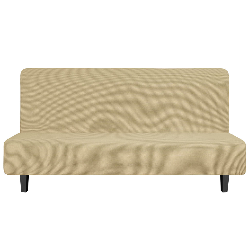 Easy-Going Stretch Futon Slipcover Armless Futon Bed Cover Furniture Protector Without Armrests With Elastic Bottom For Kids, Soft Jacquard Fabric Small Checks (Large, Beige)