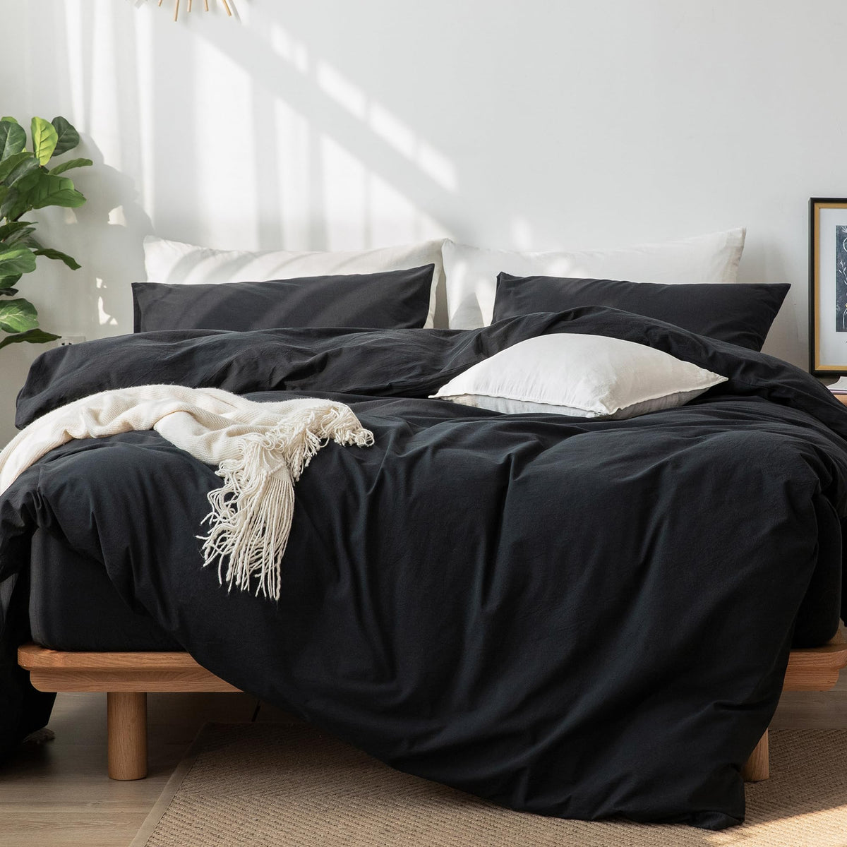 Moomee Bedding Duvet Cover Set 100% Washed Cotton Linen Like Textured Breathable Durable Soft Comfy (Black, Twin)