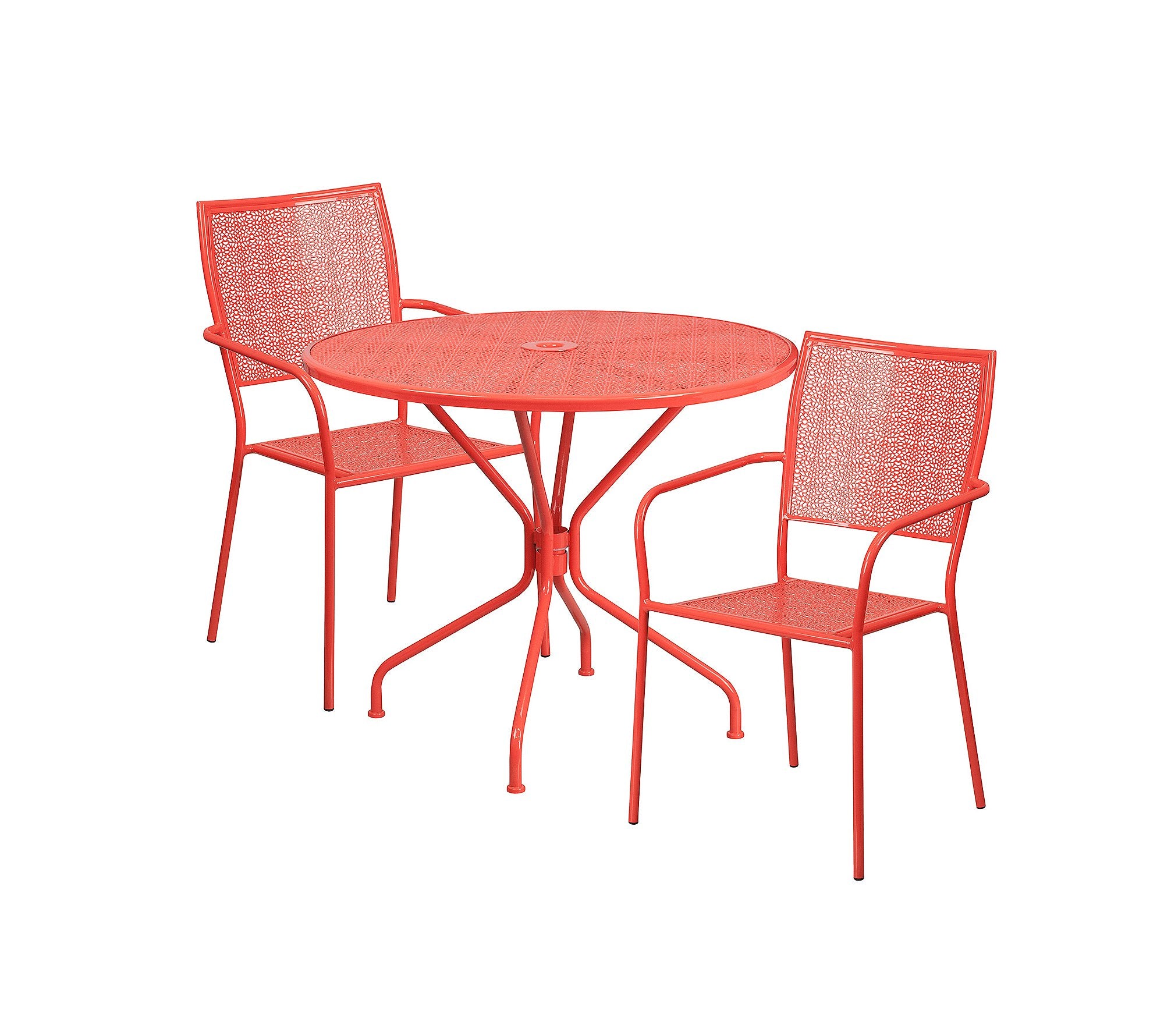 Flash Furniture Commercial Grade 35.25' Round Coral Indoor-Outdoor Steel Patio Table Set With 2 Square Back Chairs